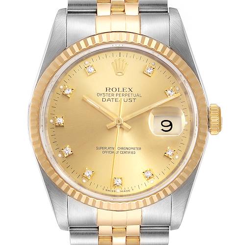 This image shows a Rolex Datejust watch with a two-tone gold and stainless steel bracelet, a gold dial, and diamond hour markers.