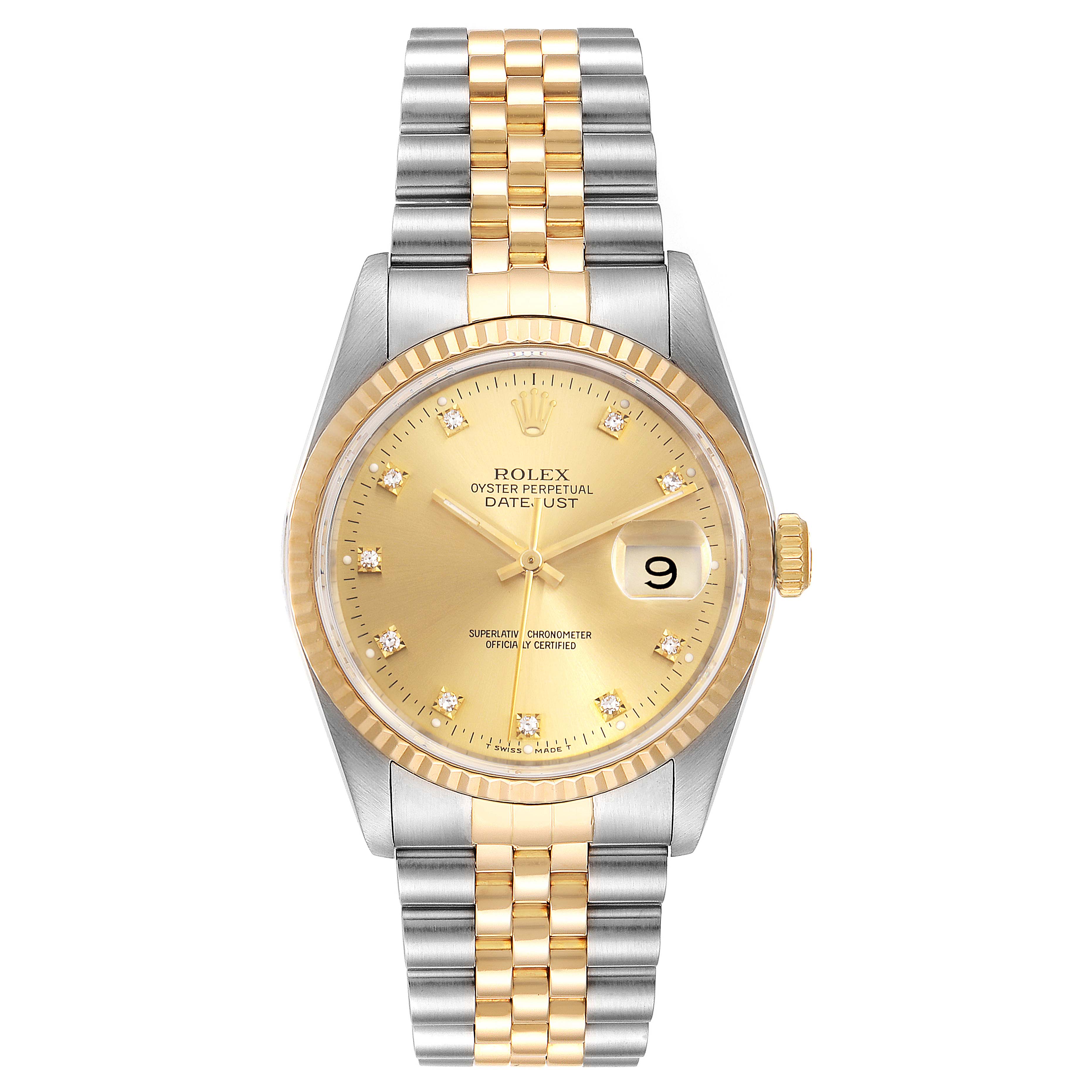 The image shows a front view of a Rolex Datejust 16233 Men
s Steel and Gold (two tone) Champagne Dial 16233 Men
s Steel and Gold (two tone) Champagne Dial watch highlighting its gold dial, two-tone bracelet, and date window.