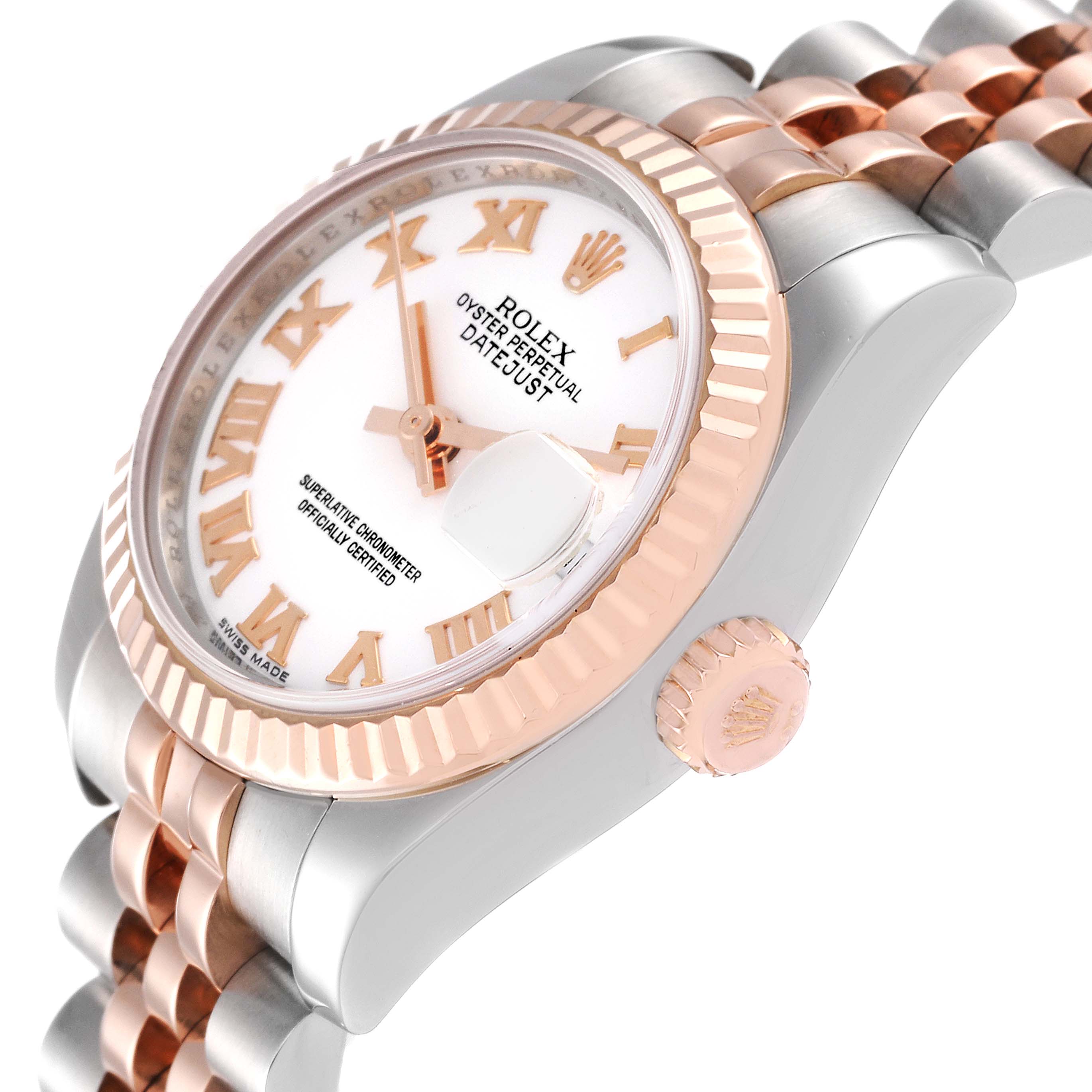 The image shows a close-up side angle of the Rolex Datejust 179171 Women's Steel and Gold (two tone) White Dial 179171 Women's Steel and Gold (two tone) White Dial watch, featuring its face, bezel, crown, and part of the bracelet.