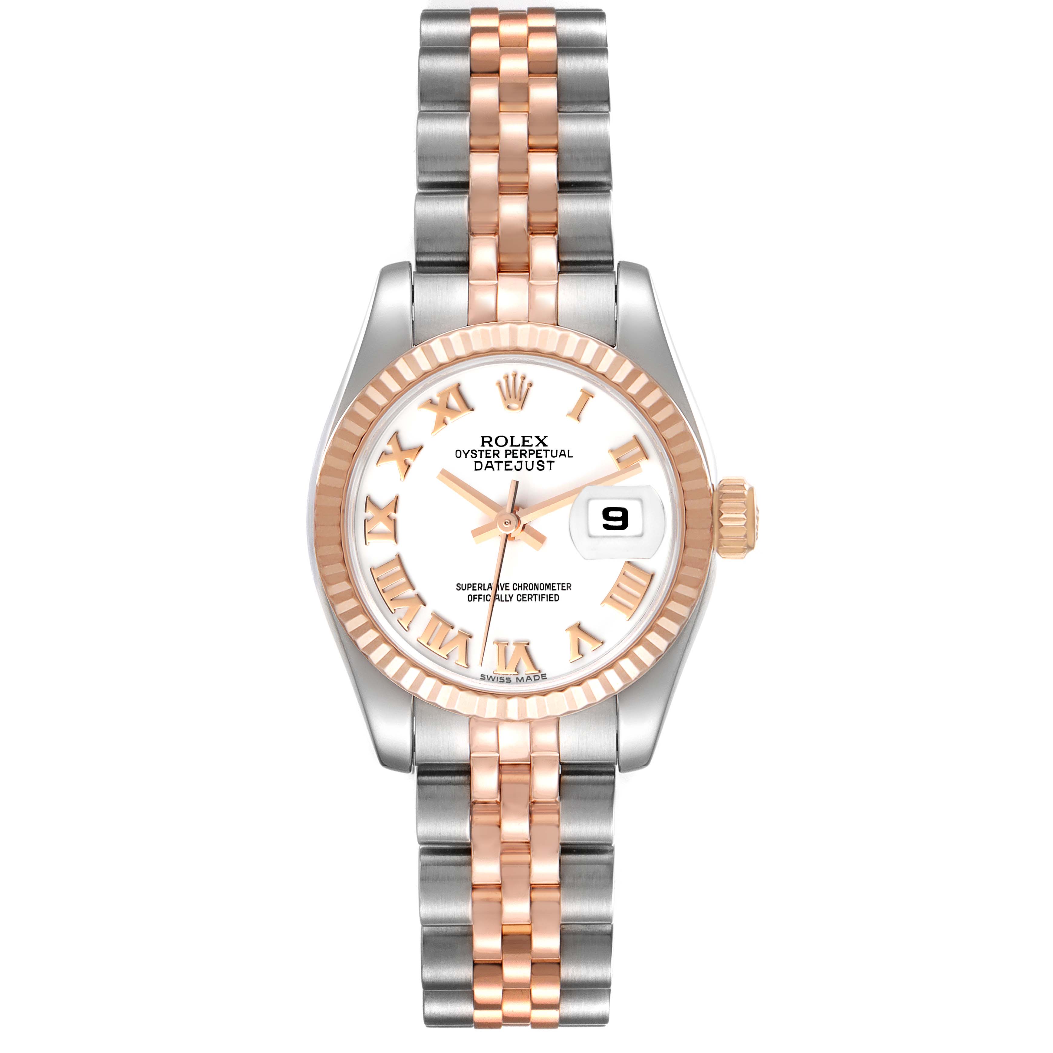 This image shows a Rolex Datejust 179171 Women's Steel and Gold (two tone) White Dial 179171 Women's Steel and Gold (two tone) White Dial watch from the front, featuring a two-tone metal bracelet, fluted bezel, and date display.