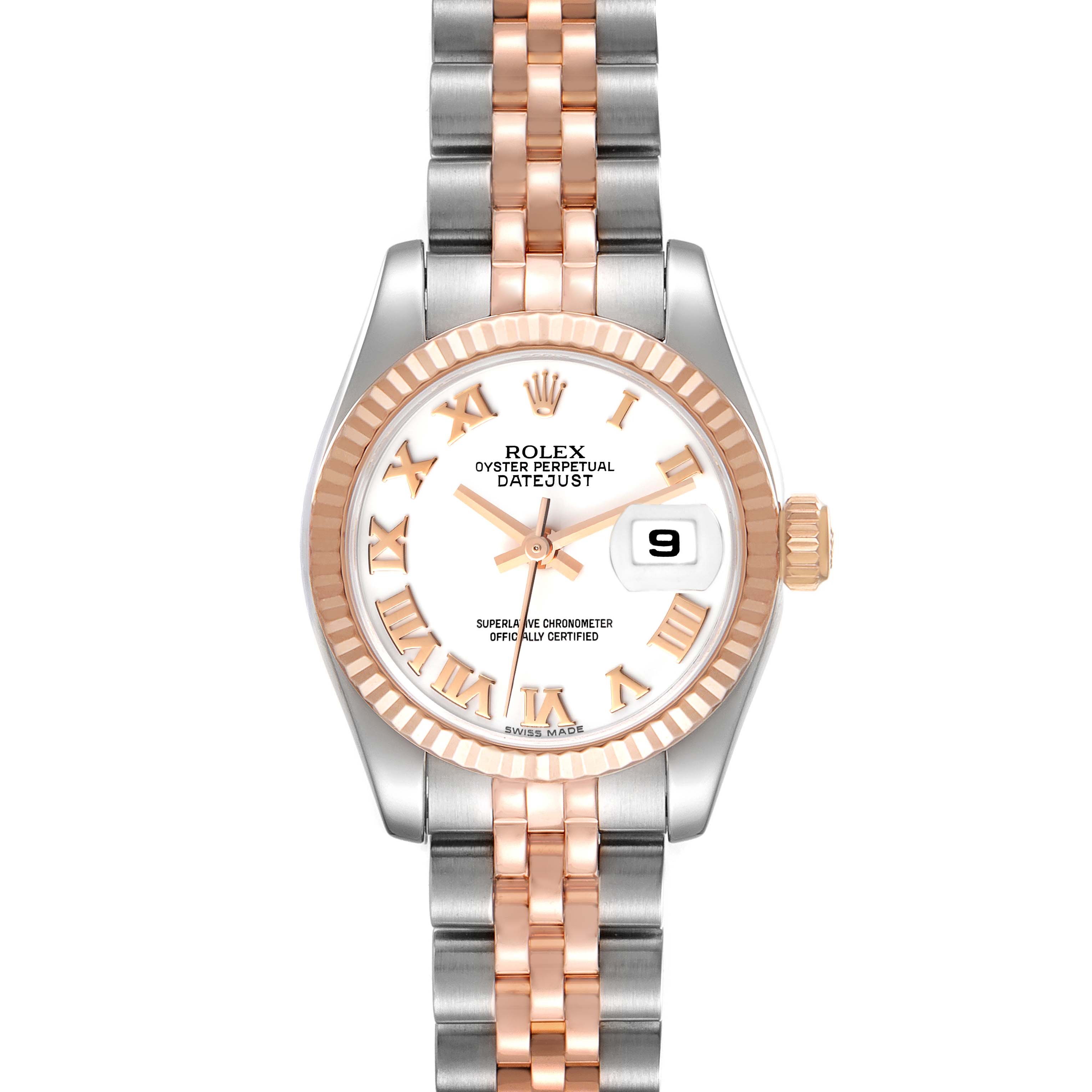 The Rolex Datejust 179171 Women's Steel and Gold (two tone) White Dial 179171 Women's Steel and Gold (two tone) White Dial model is shown from a top-down angle, displaying the face, bezel, and bracelet.
