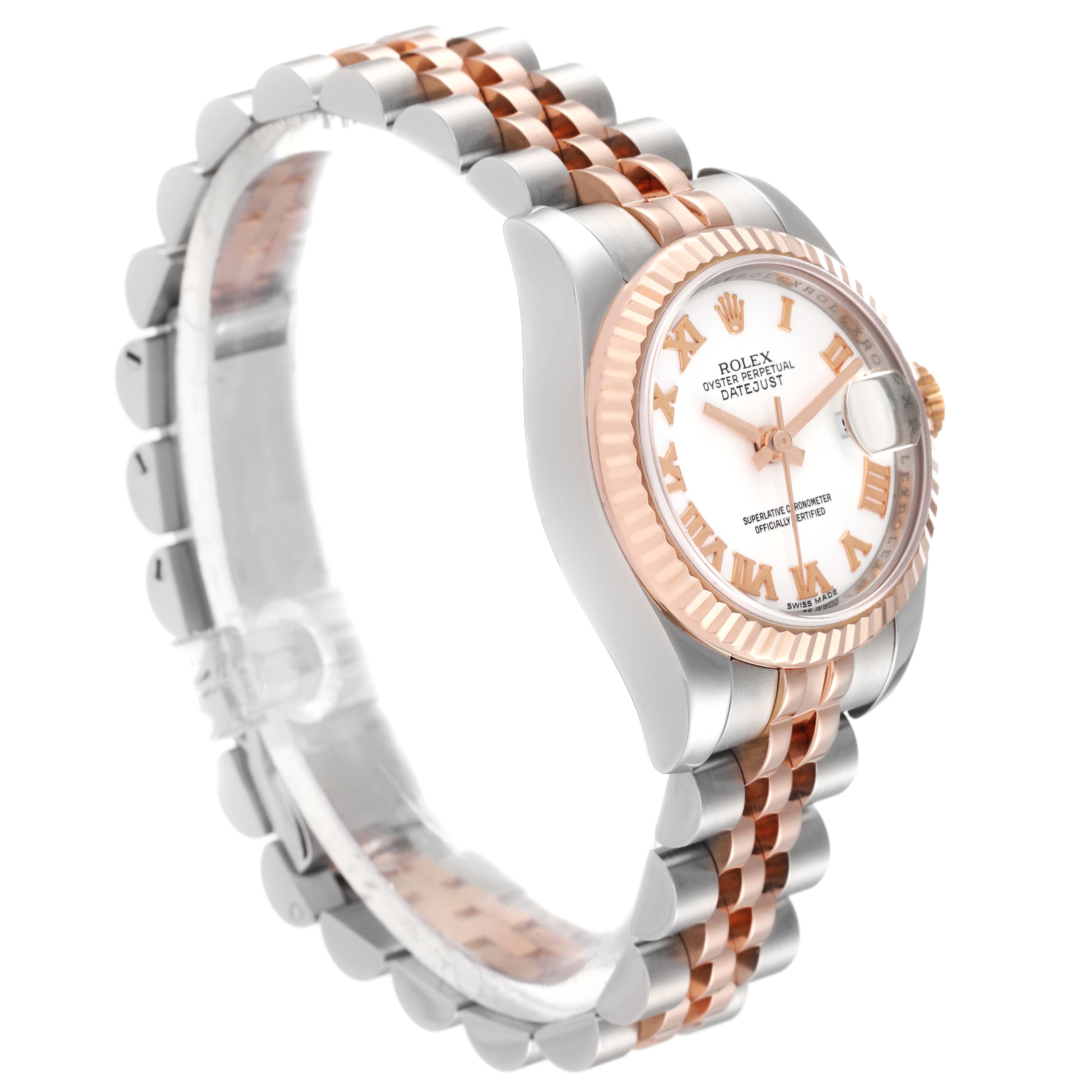 This image shows a Rolex Datejust 179171 Women's Steel and Gold (two tone) White Dial 179171 Women's Steel and Gold (two tone) White Dial watch at an angle displaying its face, bracelet, and side profile.