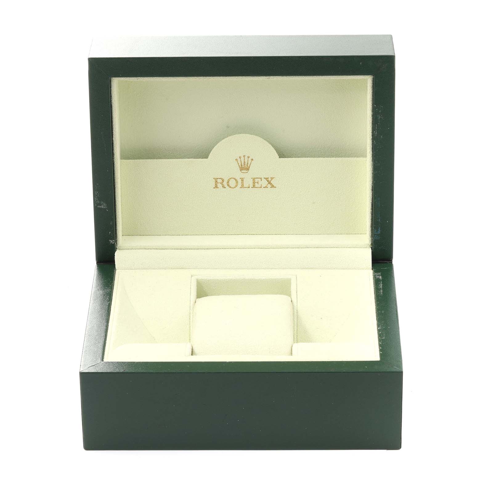 The image shows an open green Rolex Datejust 179171 Women's Steel and Gold (two tone) White Dial 179171 Women's Steel and Gold (two tone) White Dial watch box, revealing a cream-colored interior with slots for the watch.