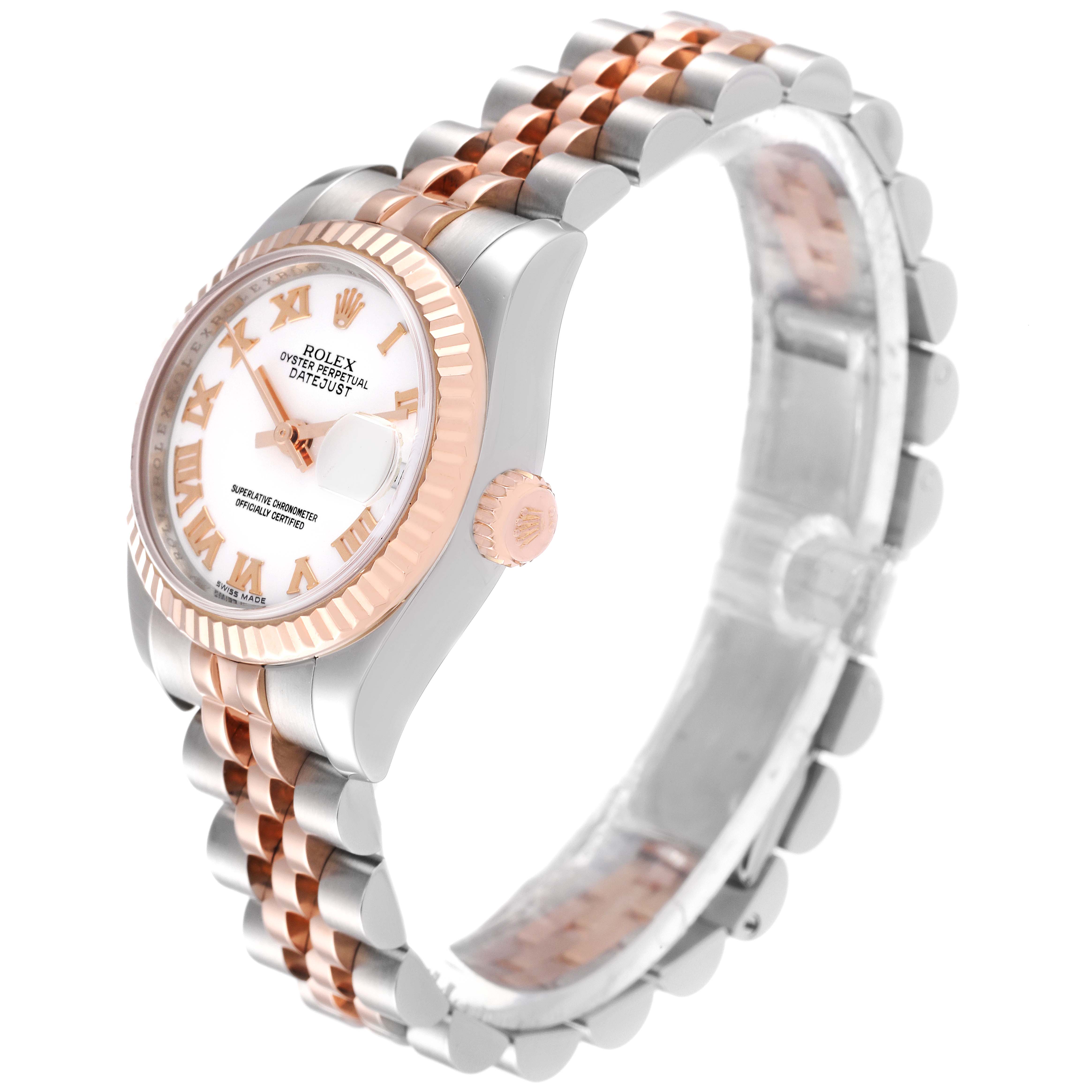 The image shows a side angle of the Rolex Datejust 179171 Women's Steel and Gold (two tone) White Dial 179171 Women's Steel and Gold (two tone) White Dial watch, highlighting its dial, bezel, crown, and two-tone Jubilee bracelet.