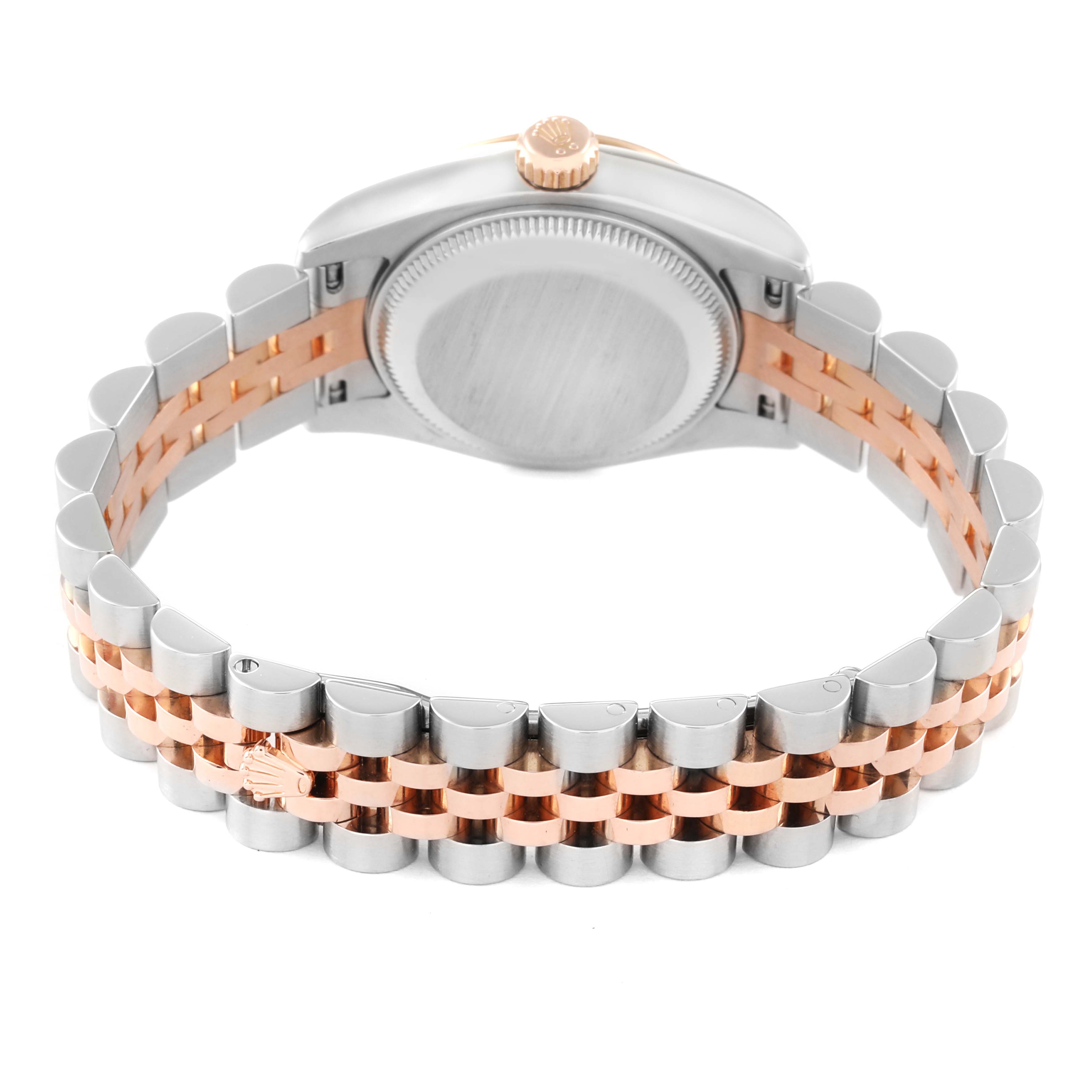 The image shows the back case, crown, and bracelet of a Rolex Datejust 179171 Women's Steel and Gold (two tone) White Dial 179171 Women's Steel and Gold (two tone) White Dial watch.
