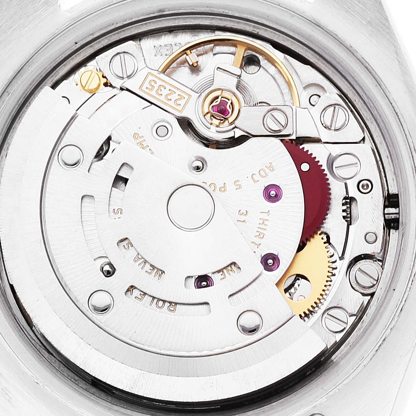 This image shows the movement mechanism of a Rolex Datejust 179171 Women's Steel and Gold (two tone) White Dial 179171 Women's Steel and Gold (two tone) White Dial watch from a close-up angle.