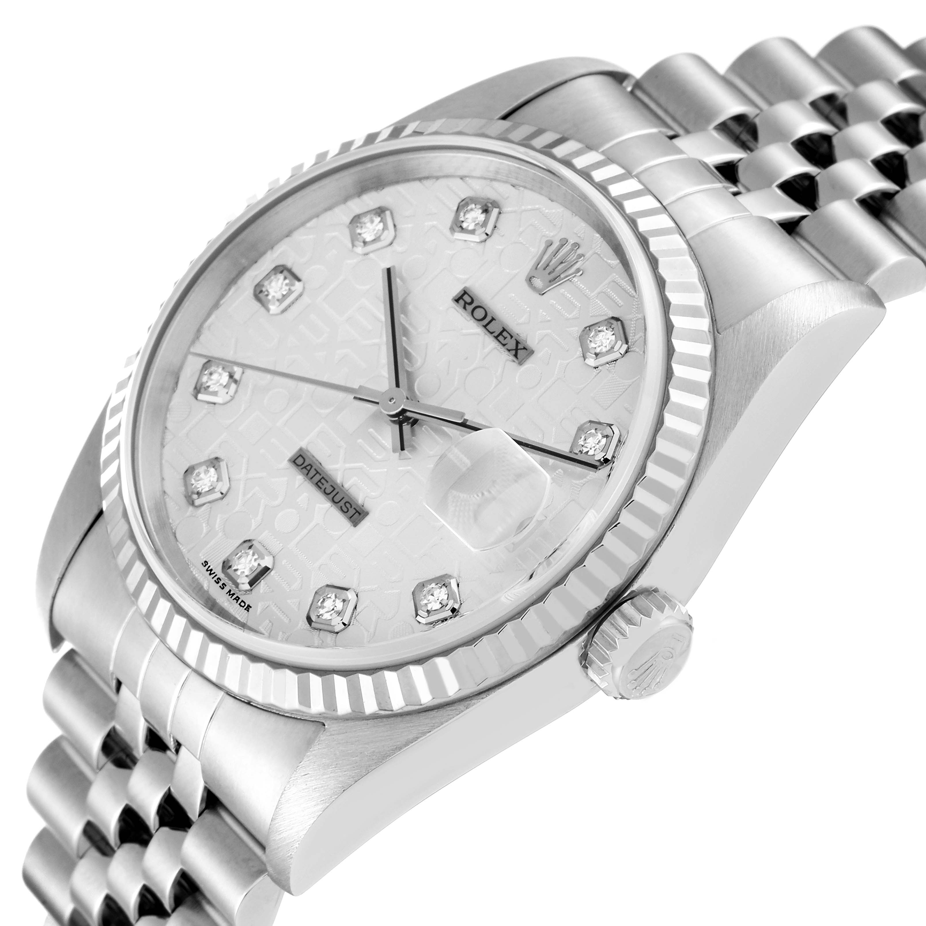 The Rolex Datejust 16234 Men's Stainless Steel Silver Dial 16234 Men's Stainless Steel Silver Dial watch is shown from a slight angled view, highlighting the face, crown, and part of the bracelet.
