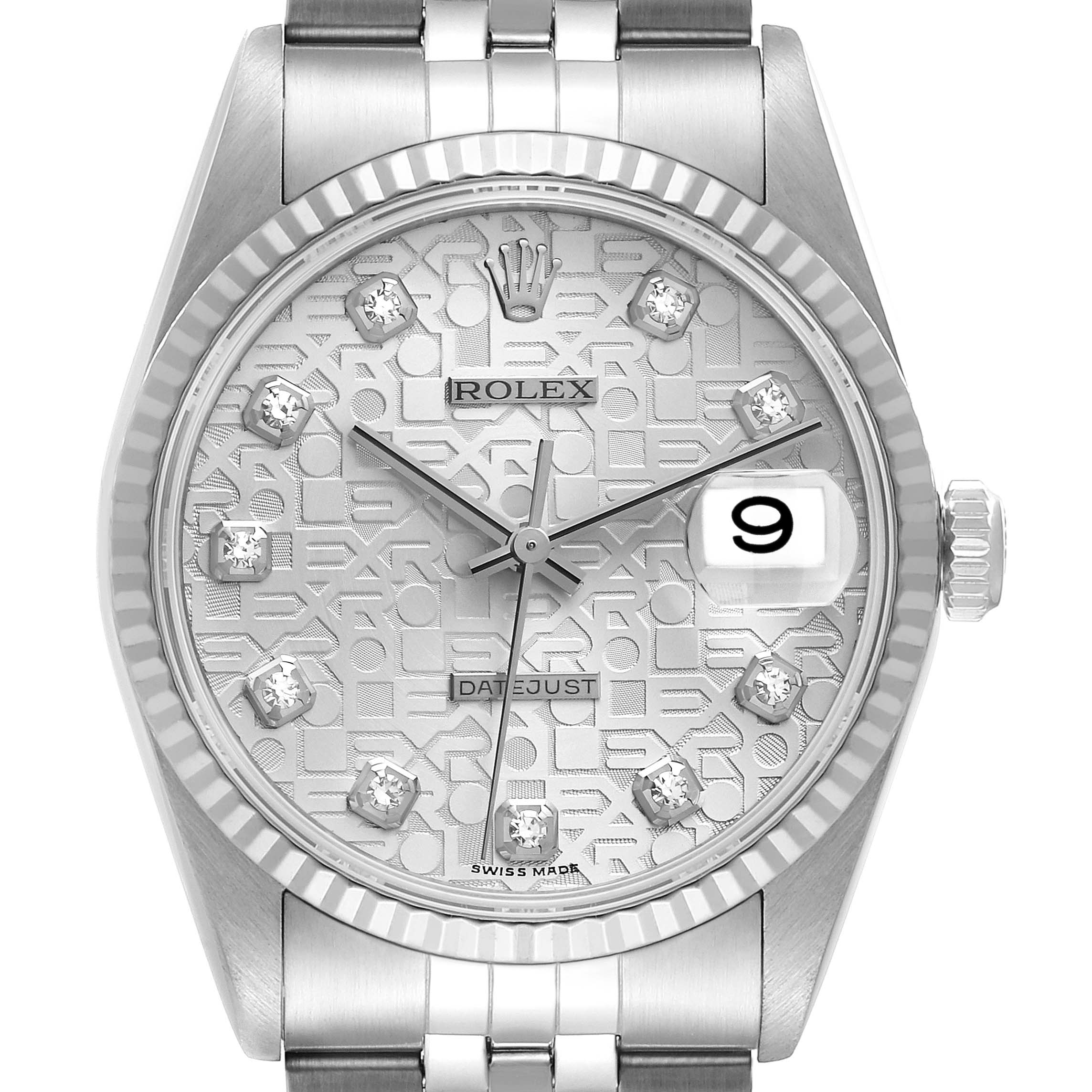 The image shows a close-up of a Rolex Datejust 16234 Men's Stainless Steel Silver Dial 16234 Men's Stainless Steel Silver Dial watch face displaying the dial, hands, crown, and part of the bracelet.