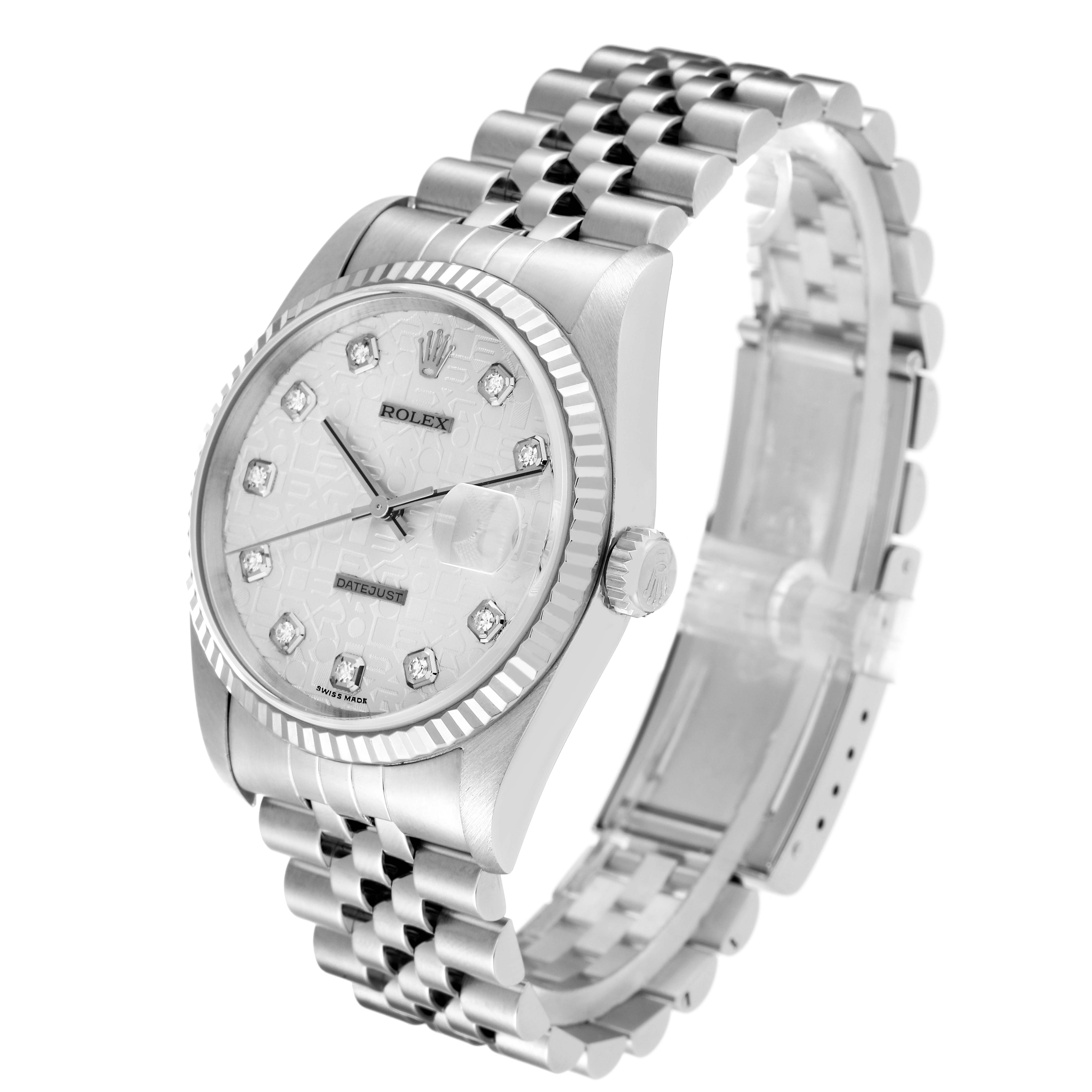 This Rolex Datejust 16234 Men's Stainless Steel Silver Dial 16234 Men's Stainless Steel Silver Dial watch is shown at a three-quarter angle highlighting its face, bezel, crown, and bracelet.