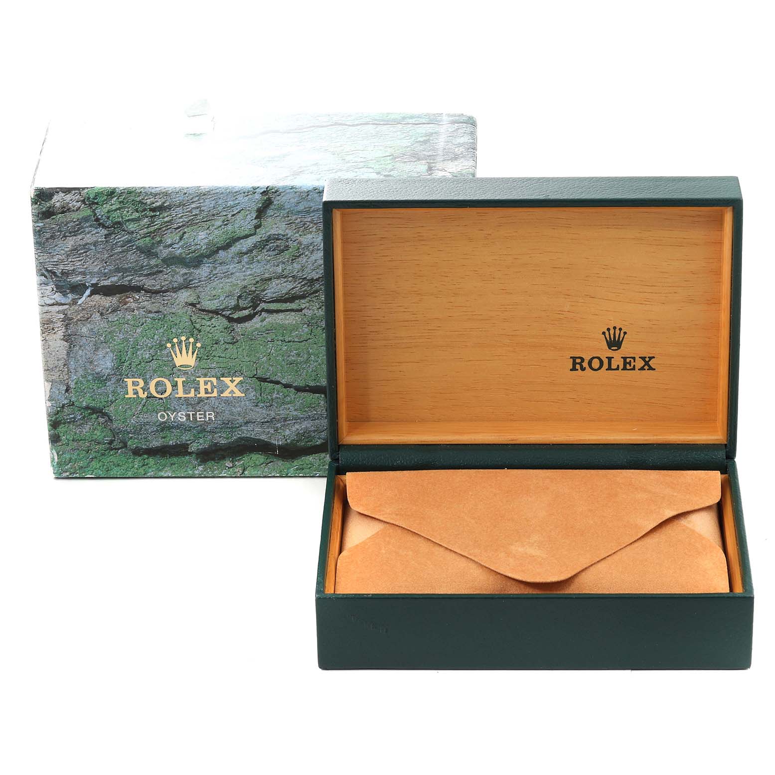 The image shows an open Rolex Datejust 16234 Men's Stainless Steel Silver Dial 16234 Men's Stainless Steel Silver Dial watch box with the outer packaging, featuring the Rolex logo and branding.