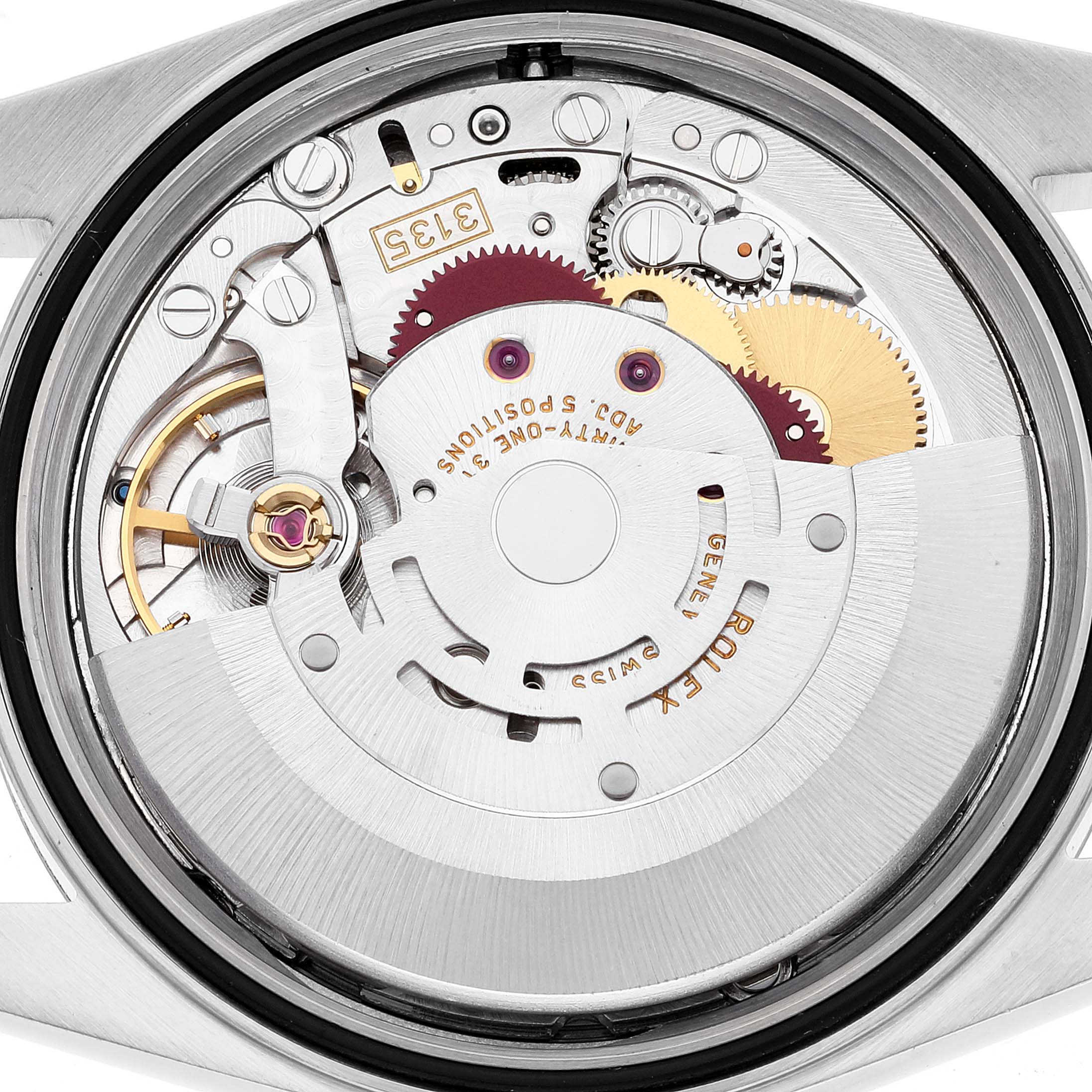 The image shows a close-up view of the movement mechanism inside a Rolex Datejust 16234 Men's Stainless Steel Silver Dial 16234 Men's Stainless Steel Silver Dial watch.