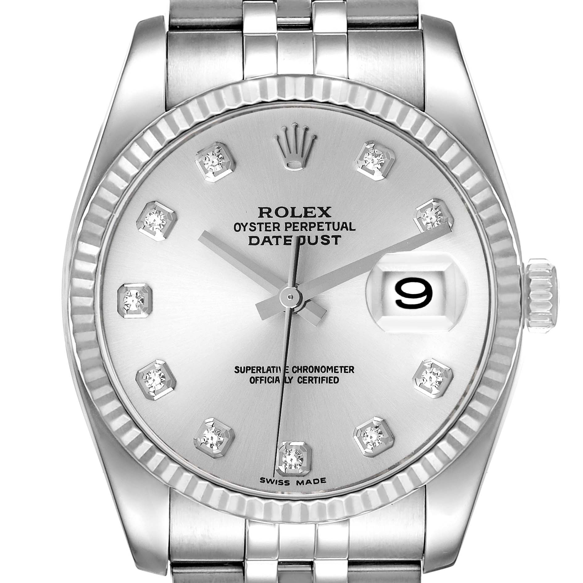 This image shows a head-on view of the Rolex Datejust 116234 Men's Stainless Steel Silver Dial 116234 Men's Stainless Steel Silver Dial watch, highlighting its face, crown, and part of the bracelet.