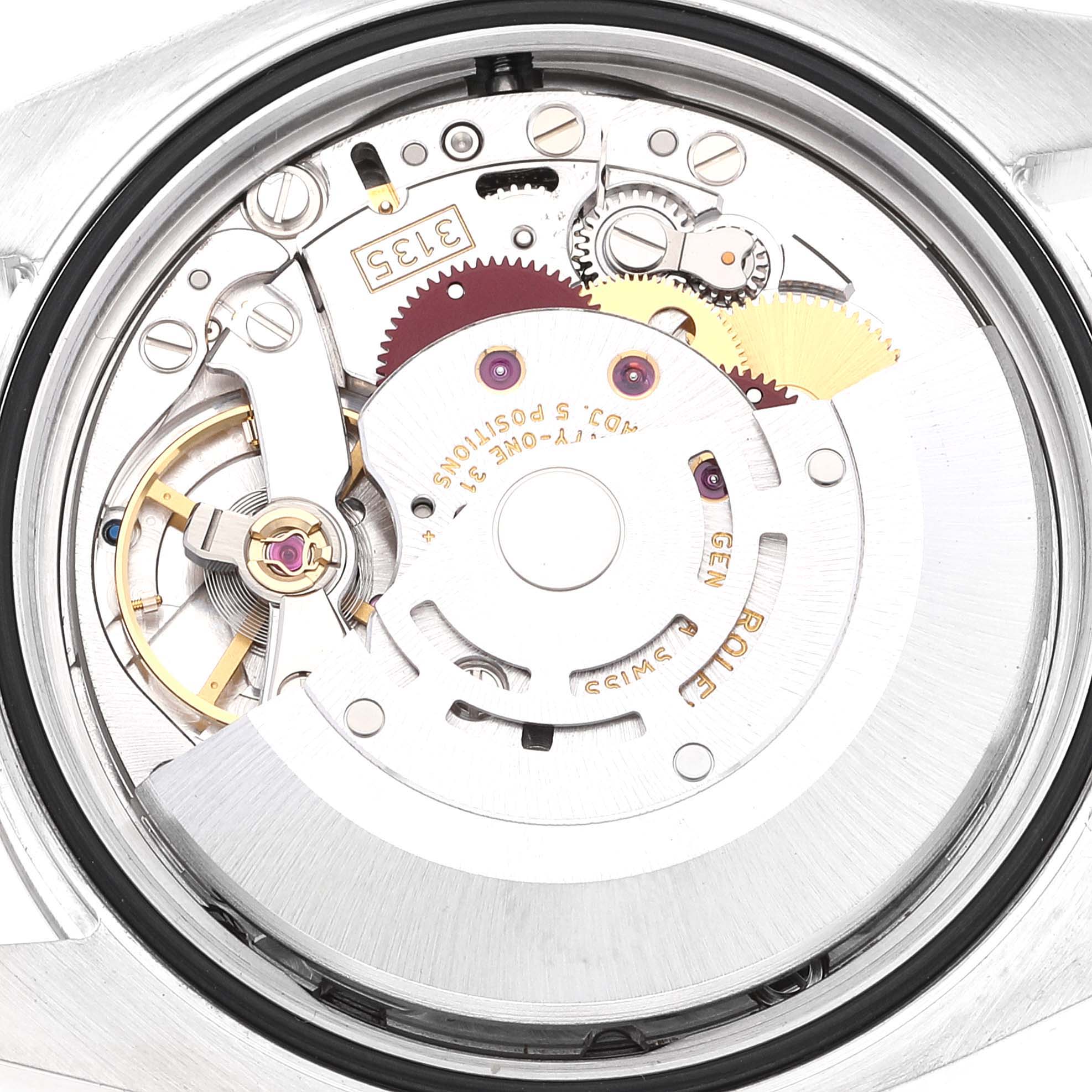 The image shows the internal mechanism and movement of the Rolex Datejust 116234 Men's Stainless Steel Silver Dial 116234 Men's Stainless Steel Silver Dial watch, viewed from the back.