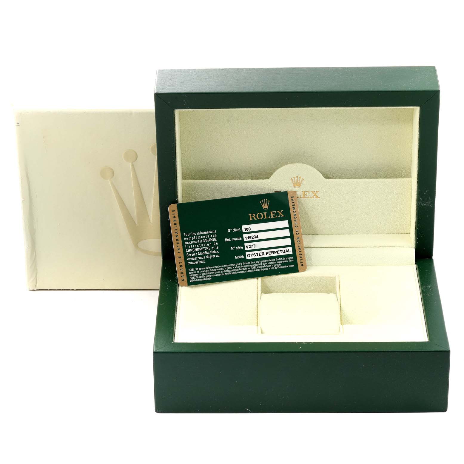 The image shows an open Rolex Datejust 116234 Men's Stainless Steel Silver Dial 116234 Men's Stainless Steel Silver Dial box with a certification card displayed inside.