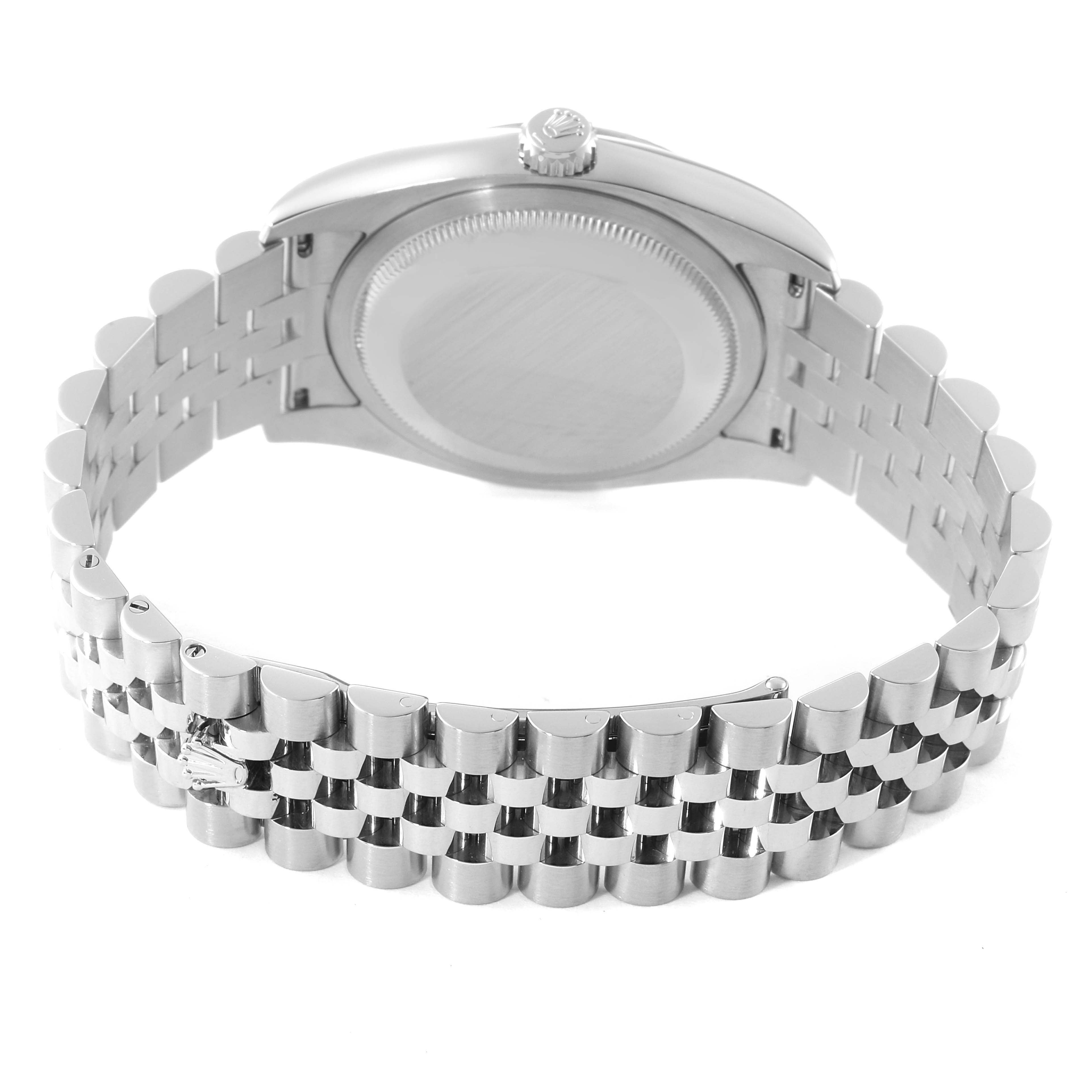 This image shows the back view of the Rolex Datejust 116234 Men's Stainless Steel Silver Dial 116234 Men's Stainless Steel Silver Dial watch, focusing on its case back and metallic bracelet.