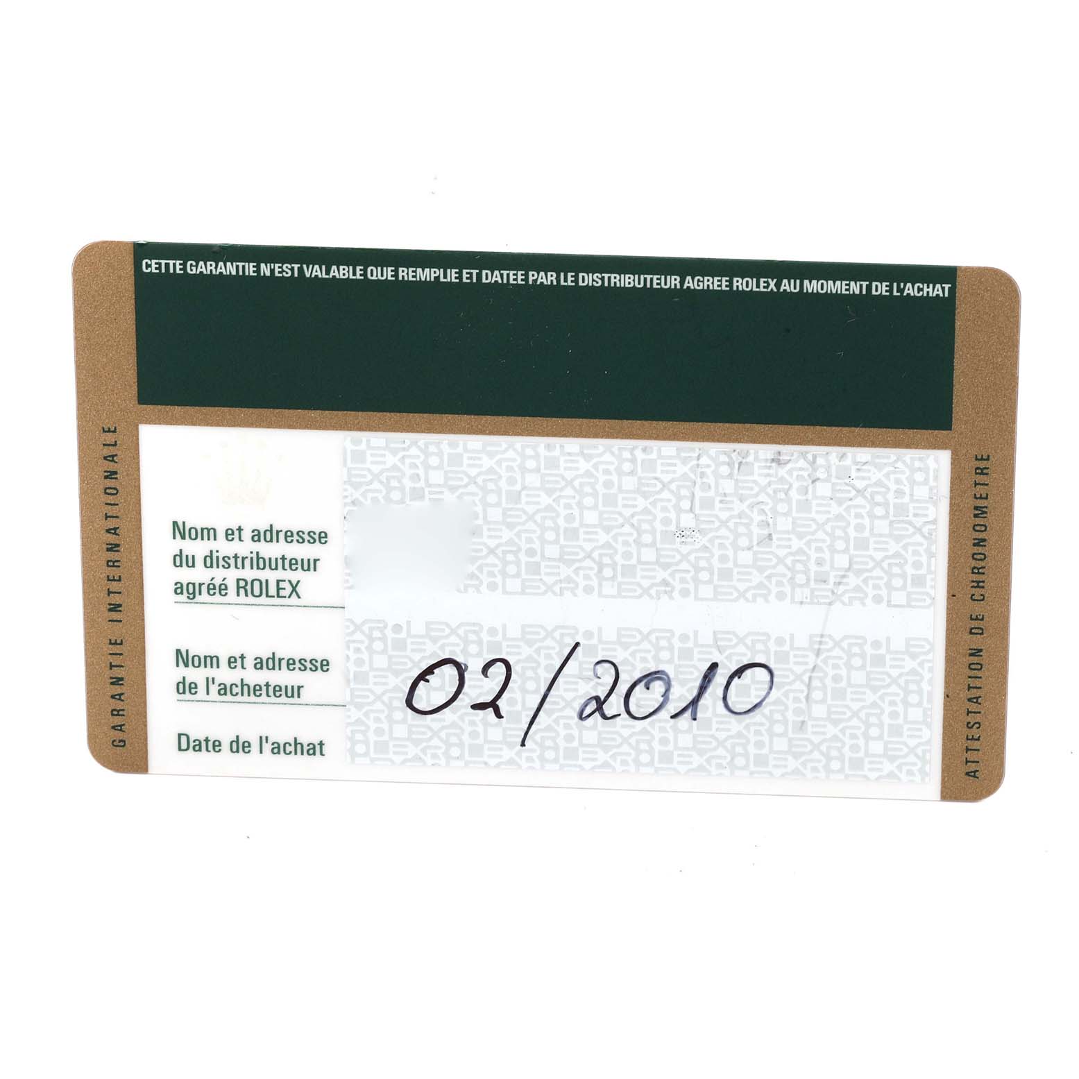 This image shows the authenticity card for a Rolex Datejust 116234 Men's Stainless Steel Silver Dial 116234 Men's Stainless Steel Silver Dial watch, containing purchase details and distributor information.