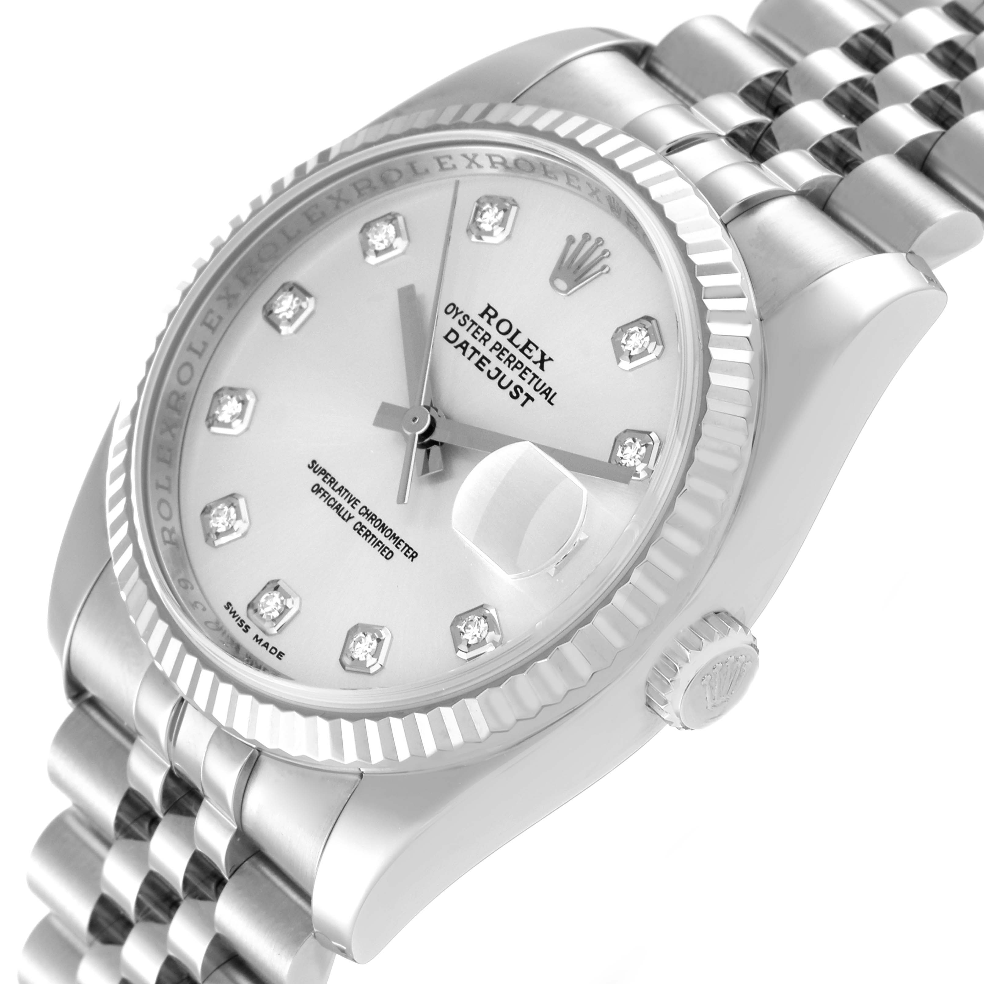 The image shows a Rolex Datejust 116234 Men's Stainless Steel Silver Dial 116234 Men's Stainless Steel Silver Dial watch at an angled view, highlighting the dial, bezel, and part of the bracelet.