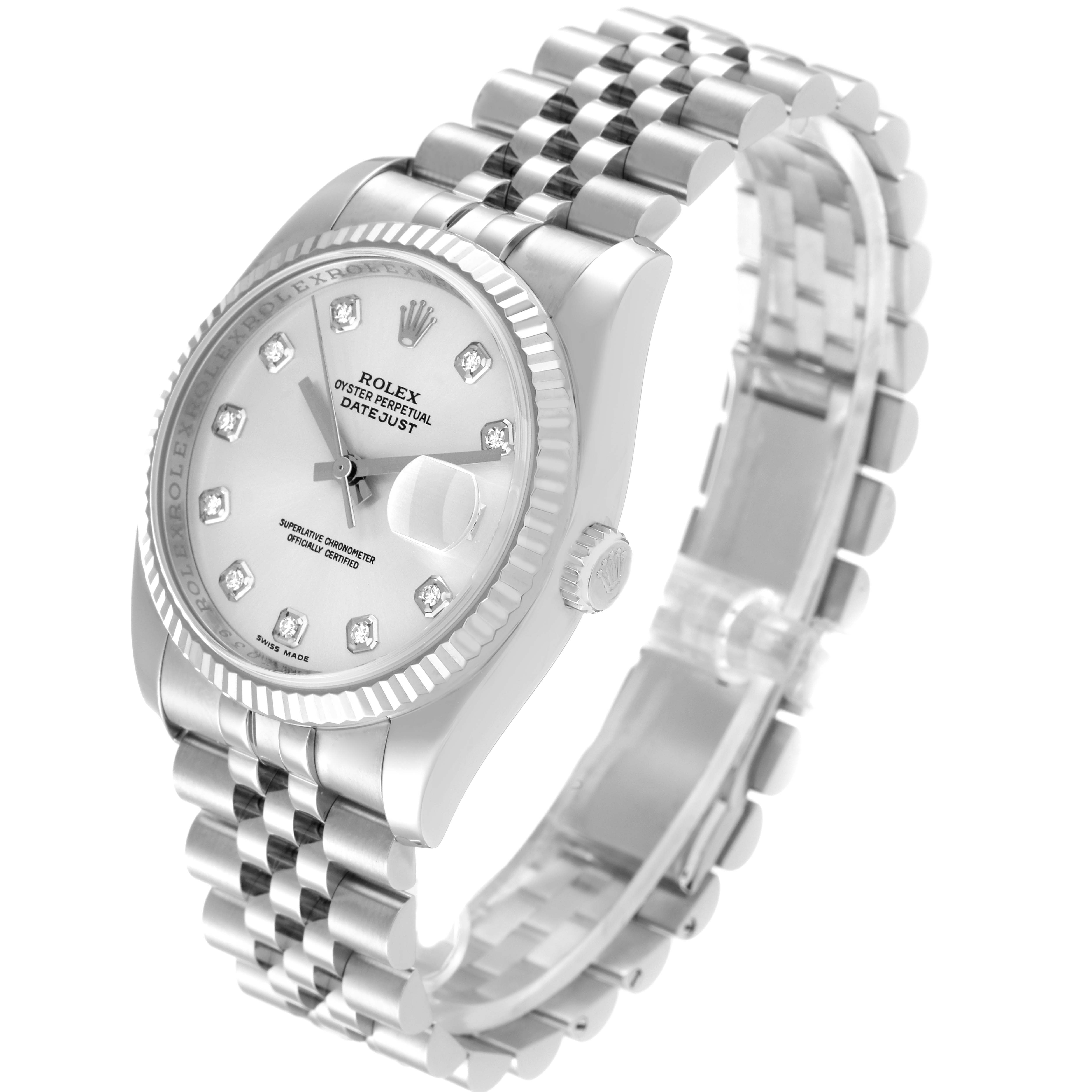 This image shows a Rolex Datejust 116234 Men's Stainless Steel Silver Dial 116234 Men's Stainless Steel Silver Dial watch at a slight angle, highlighting its face, bezel, and bracelet.