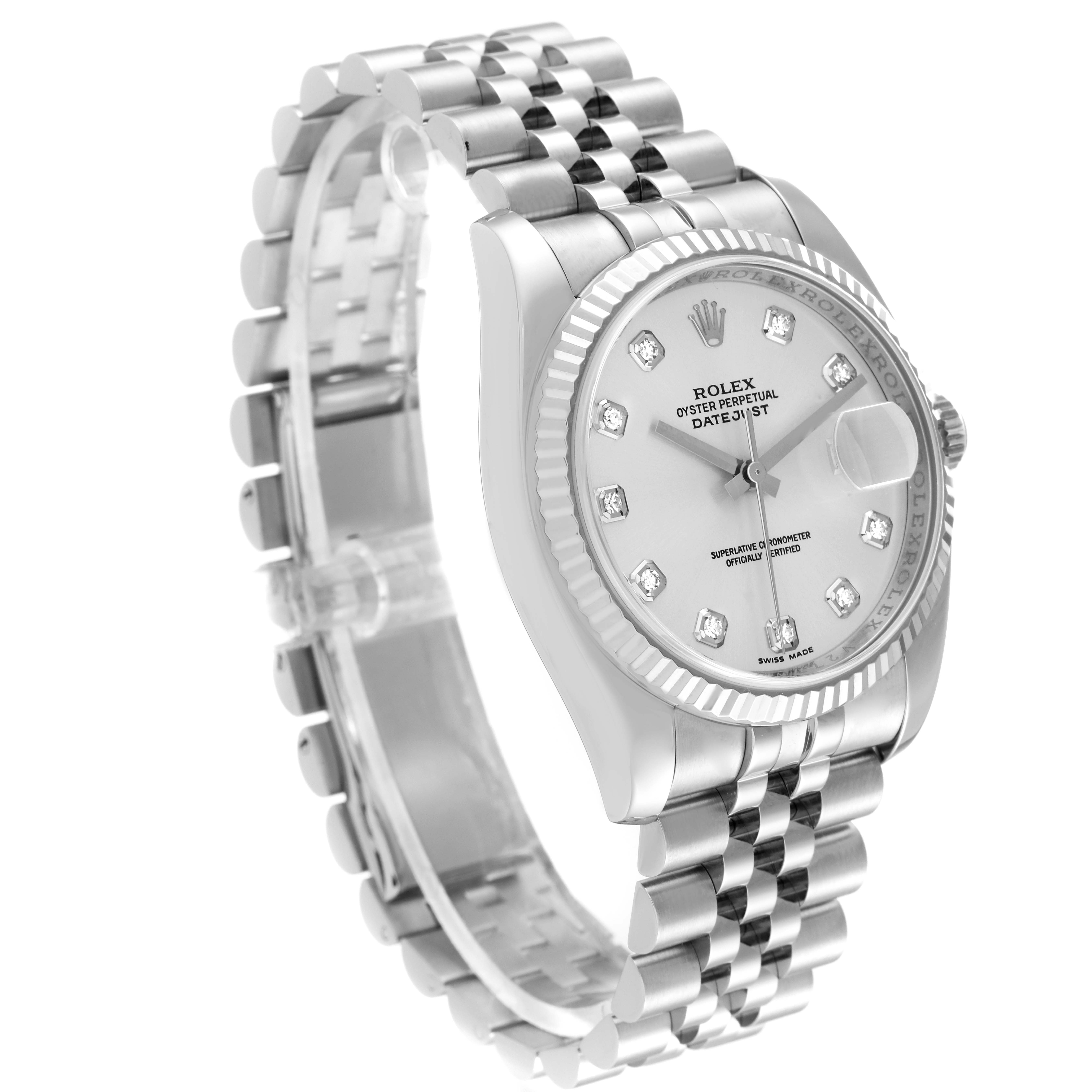 The image shows a Rolex Datejust 116234 Men's Stainless Steel Silver Dial 116234 Men's Stainless Steel Silver Dial watch at an angle emphasizing the face, bezel, and bracelet.