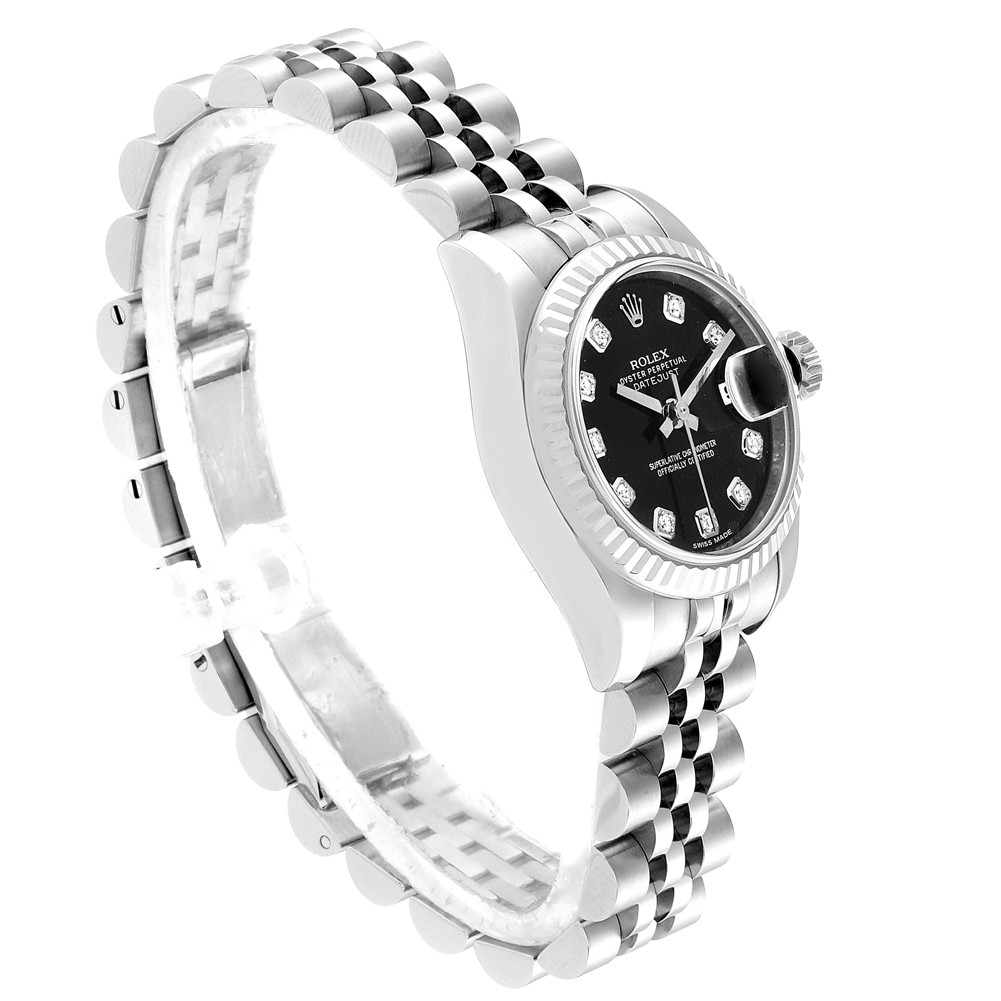 This image shows a side angle of a Rolex Datejust 179174 Women's Stainless Steel Black Dial 179174 Women's Stainless Steel Black Dial watch, highlighting the bracelet, bezel, crown, and face.