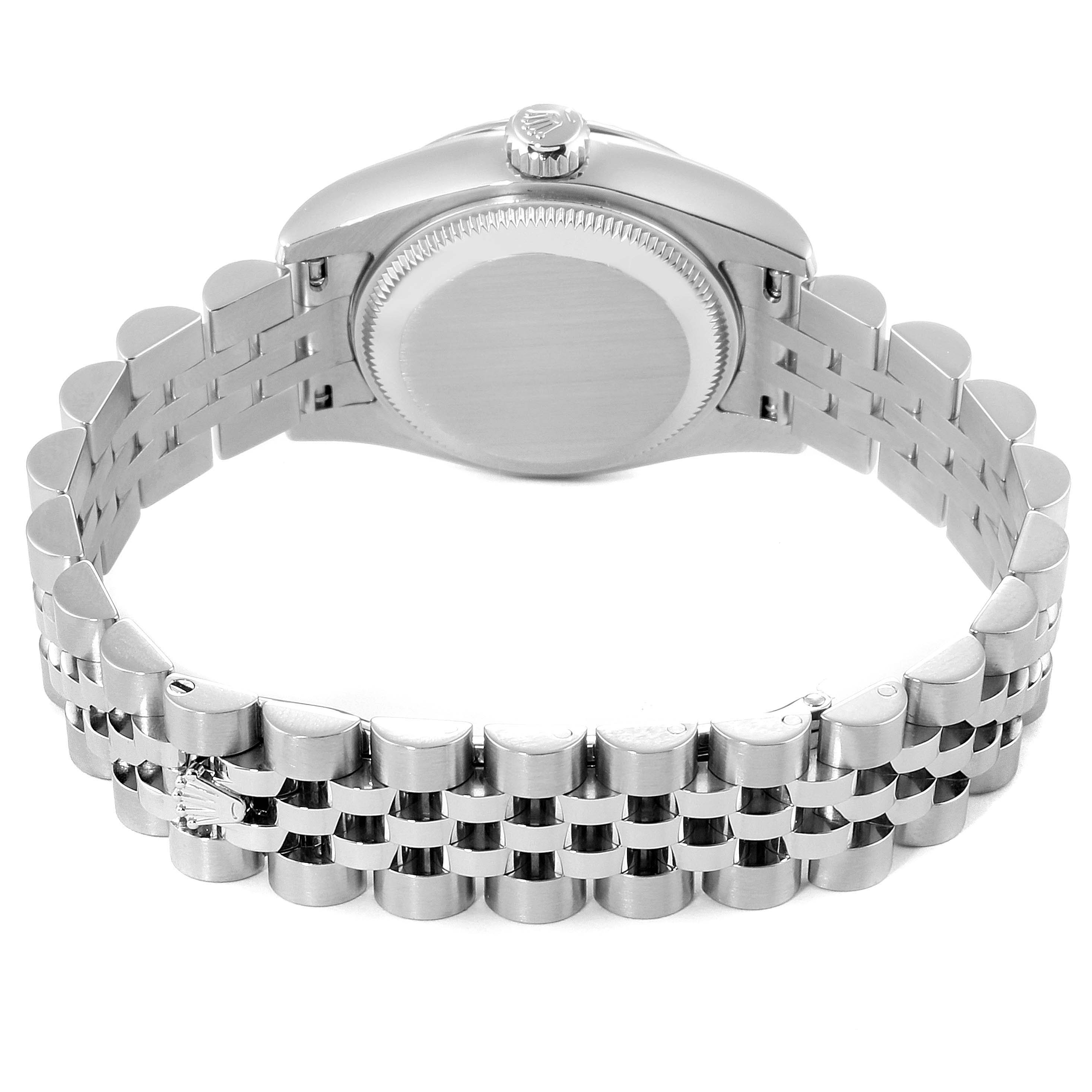 The image shows the back view of a Rolex Datejust 179174 Women's Stainless Steel Black Dial 179174 Women's Stainless Steel Black Dial watch, focusing on the case back and bracelet.