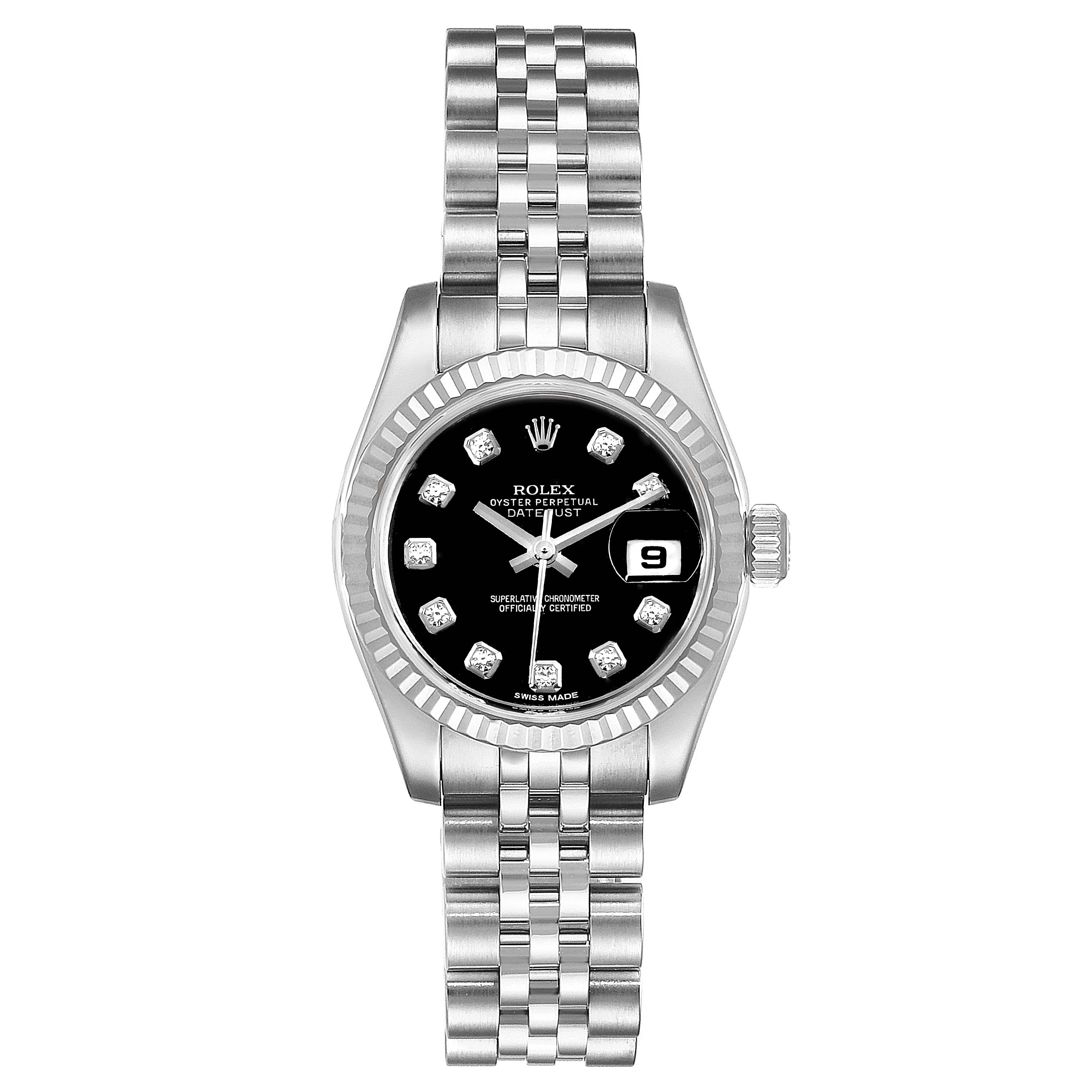 This image shows a front view of the Rolex Datejust 179174 Women's Stainless Steel Black Dial 179174 Women's Stainless Steel Black Dial watch, including the dial, bezel, crown, and bracelet.