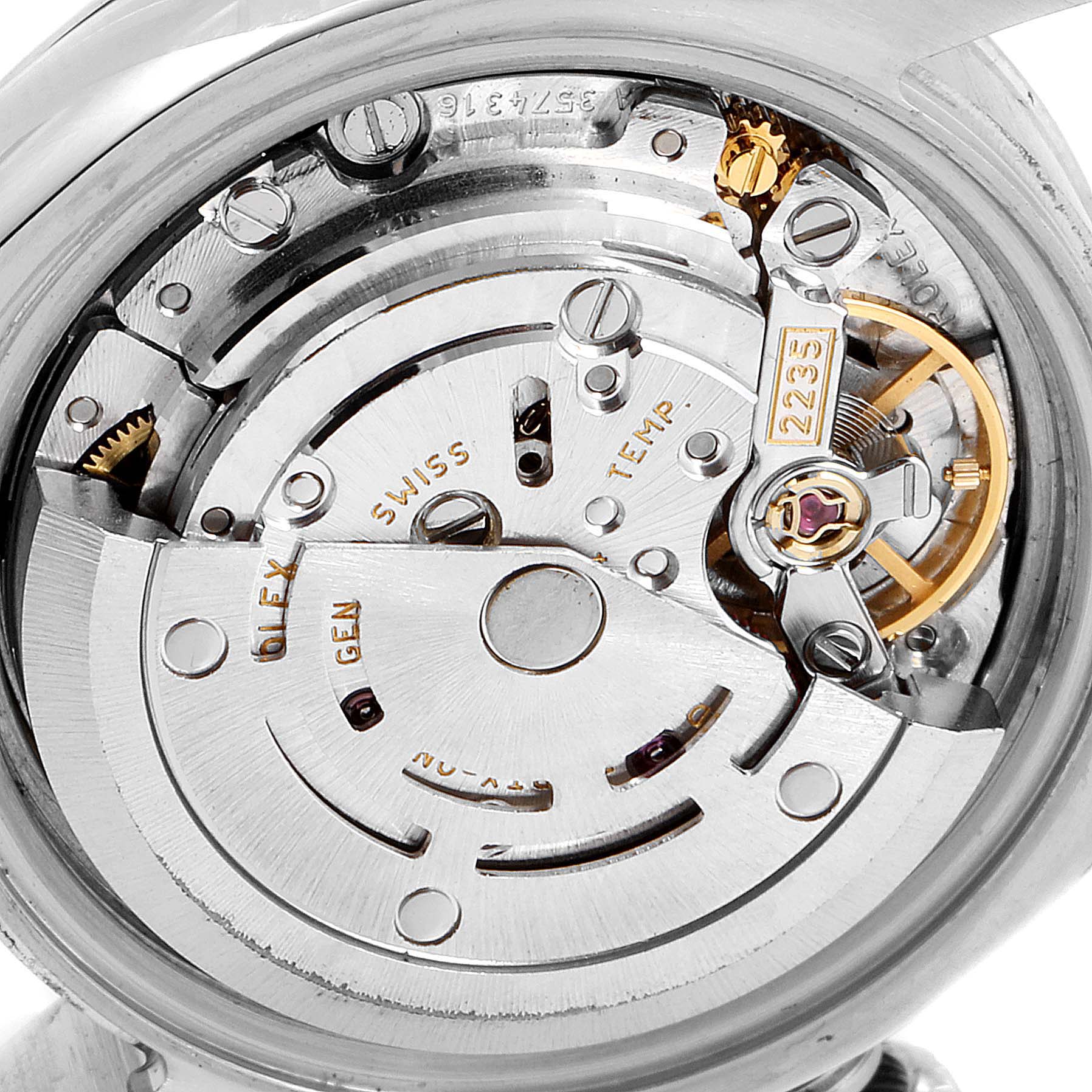 This is a close-up view of the inner mechanical movement of a Rolex Datejust 179174 Women's Stainless Steel Black Dial 179174 Women's Stainless Steel Black Dial watch.