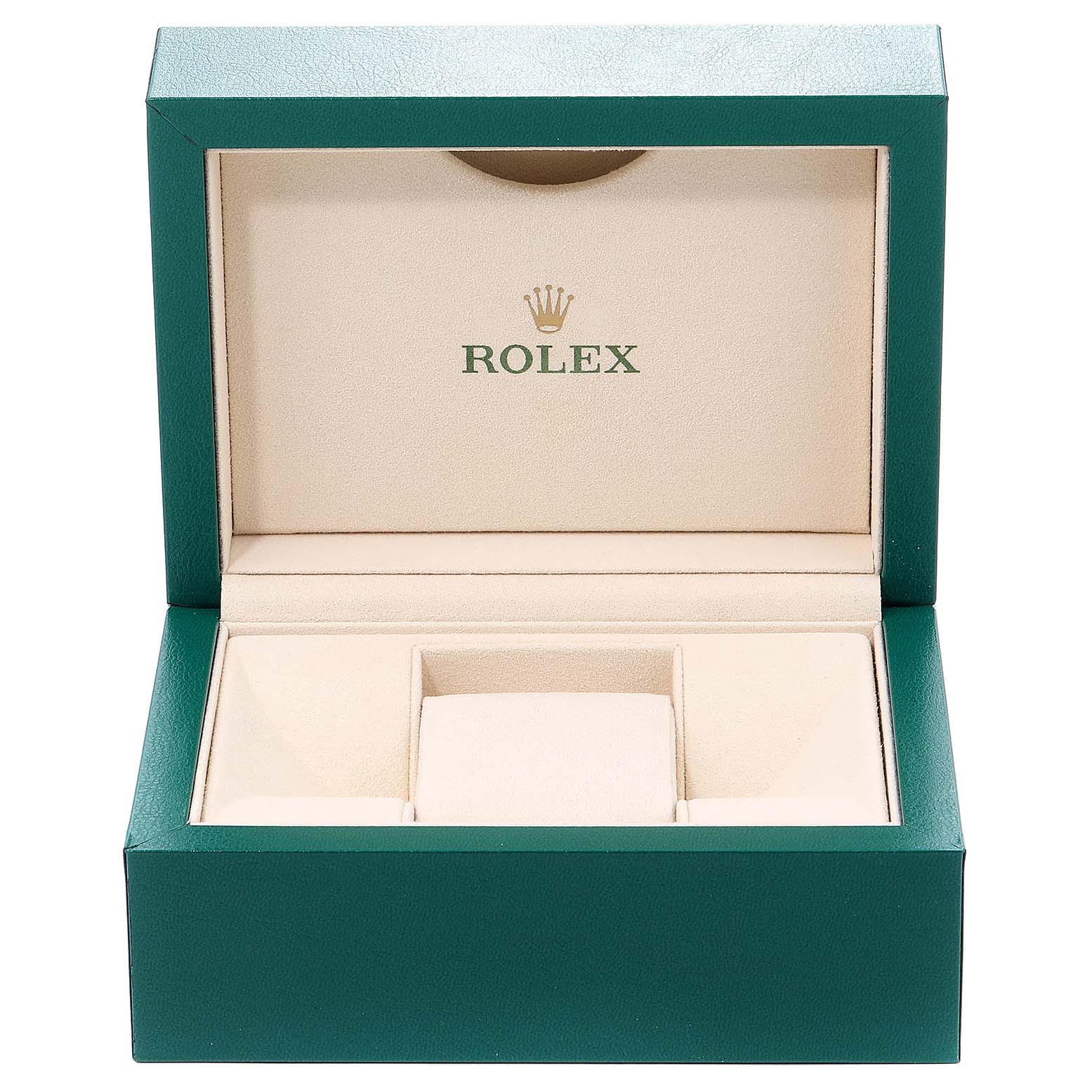 This image shows an open Rolex Datejust 179174 Women's Stainless Steel Black Dial 179174 Women's Stainless Steel Black Dial watch box, featuring a green exterior and beige interior with the Rolex logo.