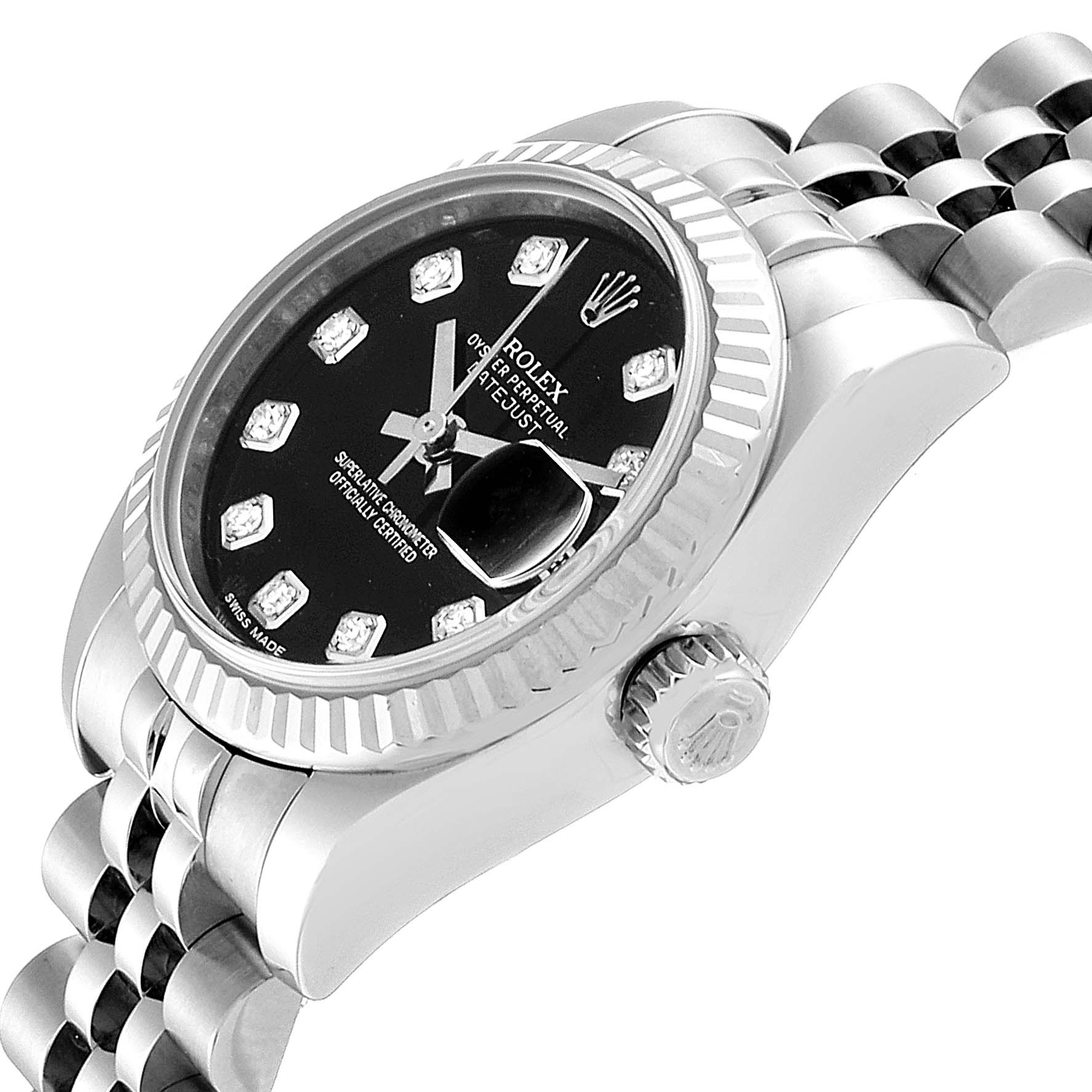 This image shows a side angle of a Rolex Datejust 179174 Women's Stainless Steel Black Dial 179174 Women's Stainless Steel Black Dial watch, focusing on the crown, case, bezel, and part of the bracelet.