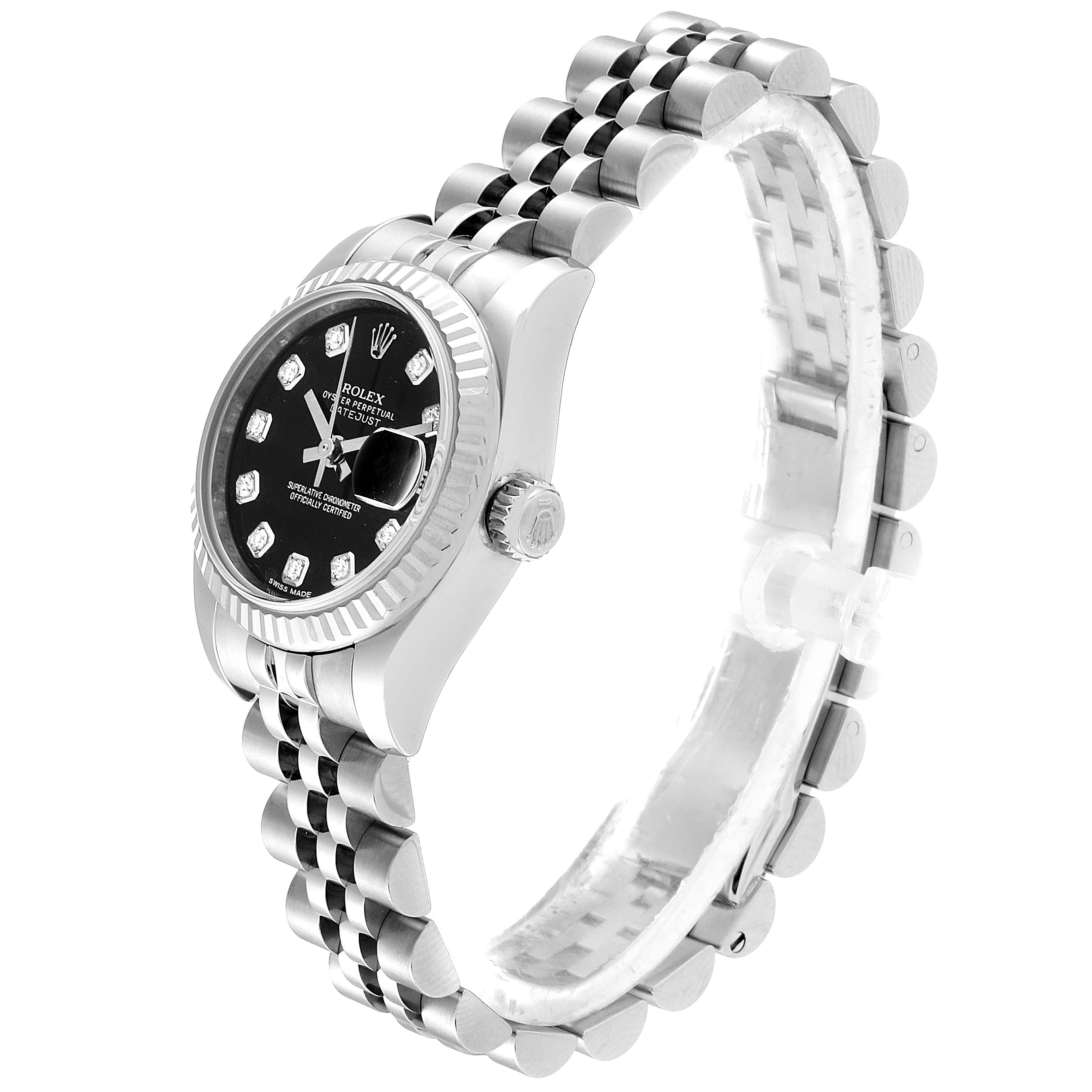 This image shows a side view of the Rolex Datejust 179174 Women's Stainless Steel Black Dial 179174 Women's Stainless Steel Black Dial watch, displaying its face, bezel, crown, and bracelet.