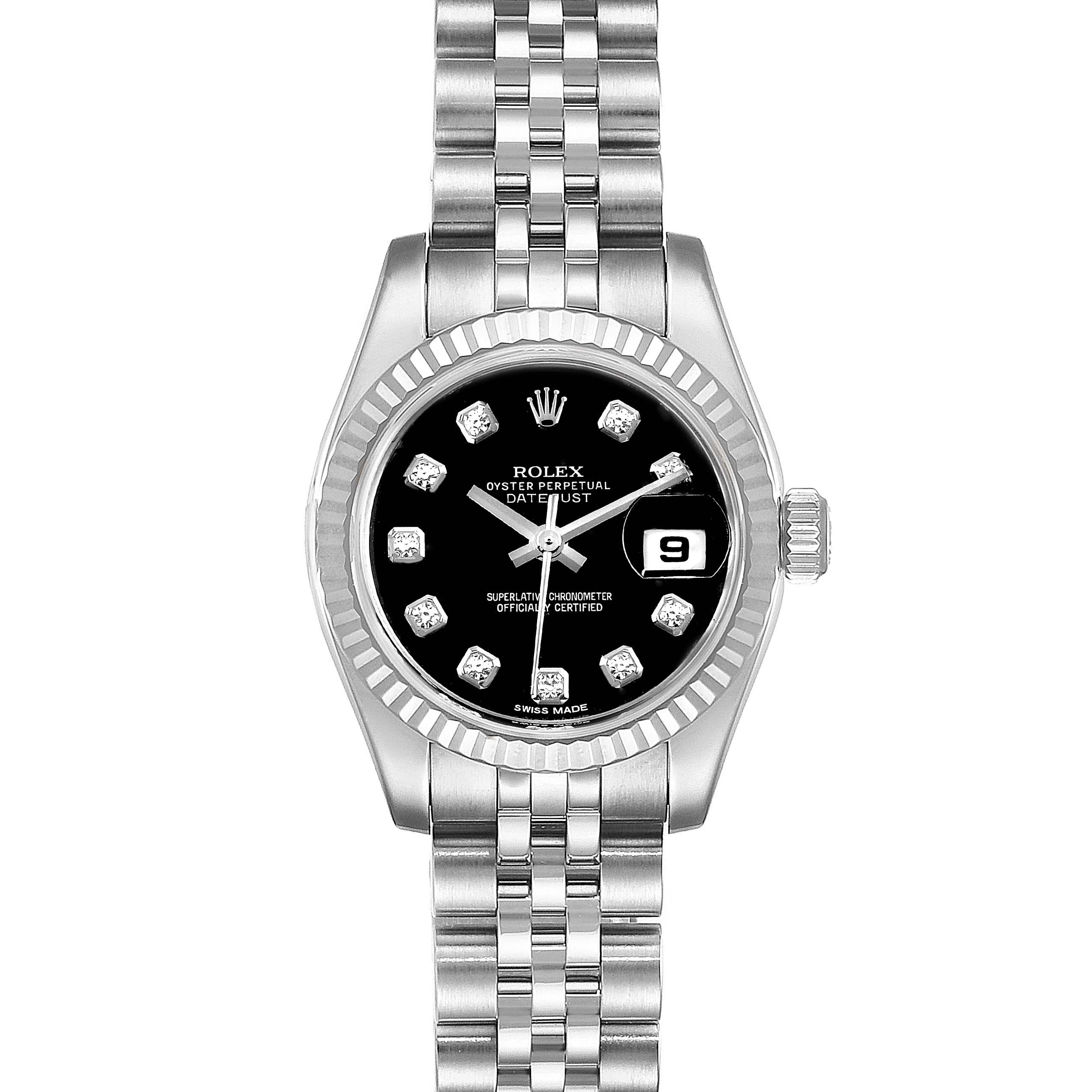 The Rolex Datejust 179174 Women's Stainless Steel Black Dial 179174 Women's Stainless Steel Black Dial watch is shown from a top-down angle, displaying its face, bezel, crown, and the upper part of the bracelet.