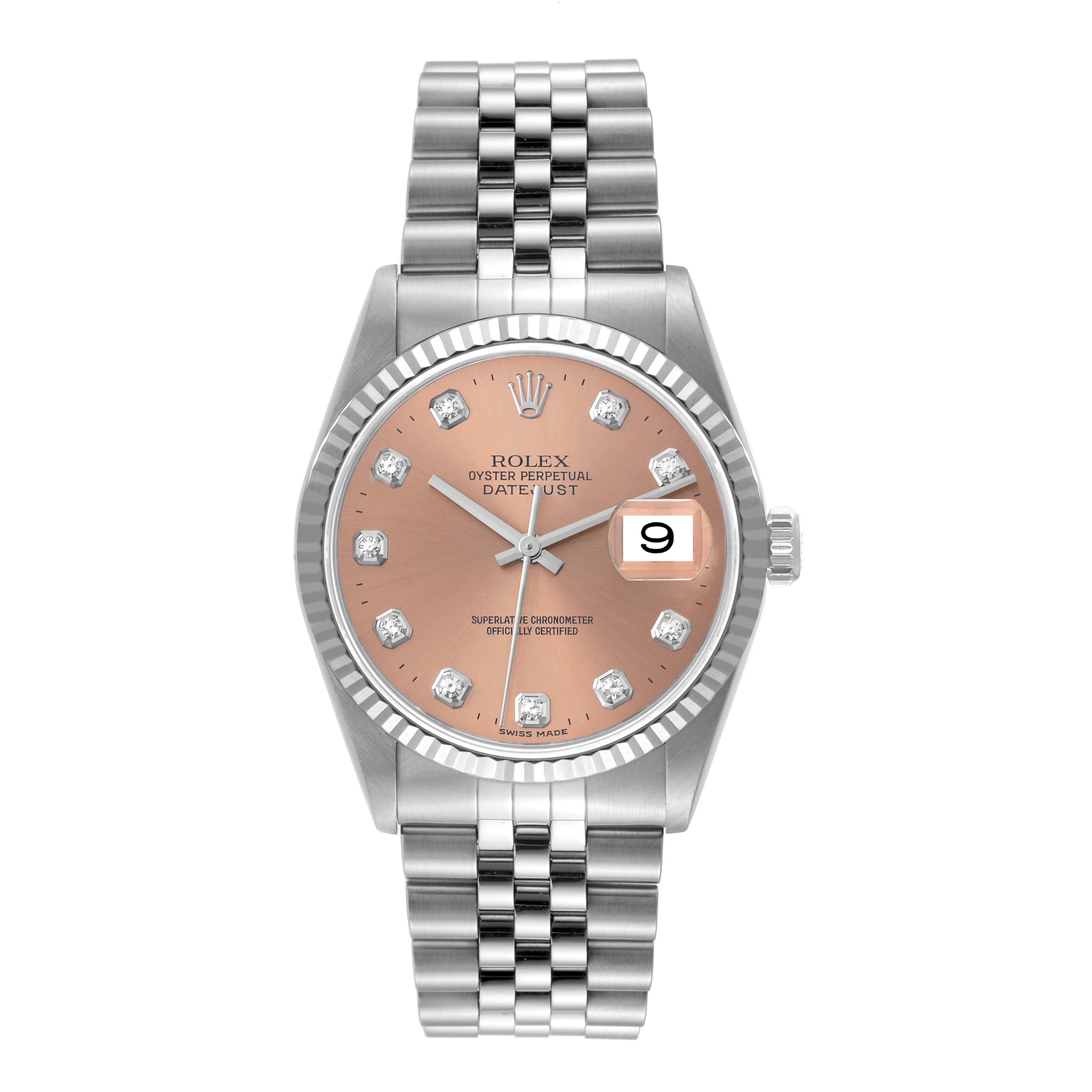 The image shows a front view of a Rolex Datejust 16234 Men's Stainless Steel Pink Dial 16234 Men's Stainless Steel Pink Dial watch with a silver bracelet and a pink dial with diamond hour markers.