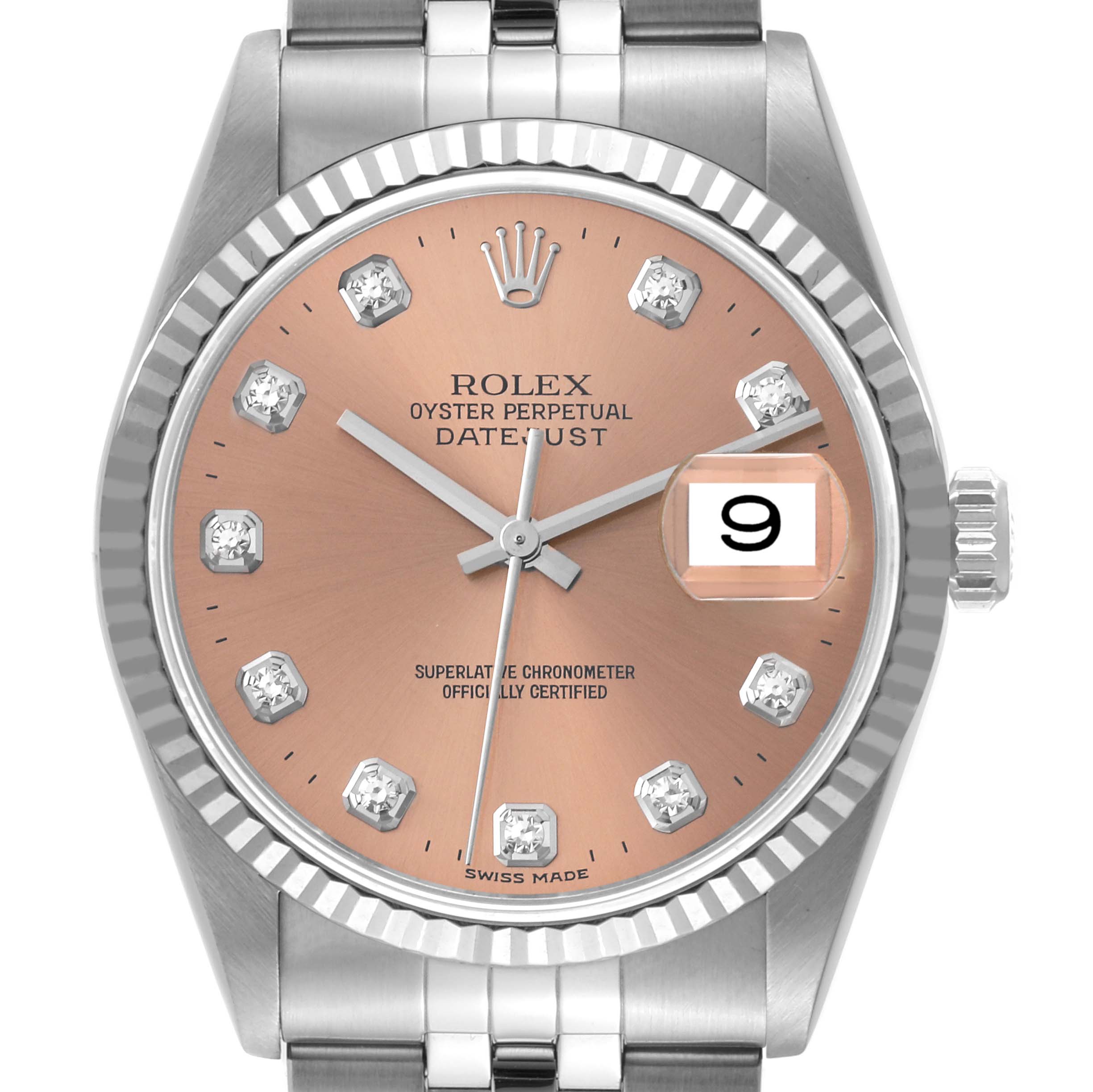 The image shows a front view of the Rolex Datejust 16234 Men's Stainless Steel Pink Dial 16234 Men's Stainless Steel Pink Dial watch, highlighting the dial, hands, date window, and part of the bracelet.