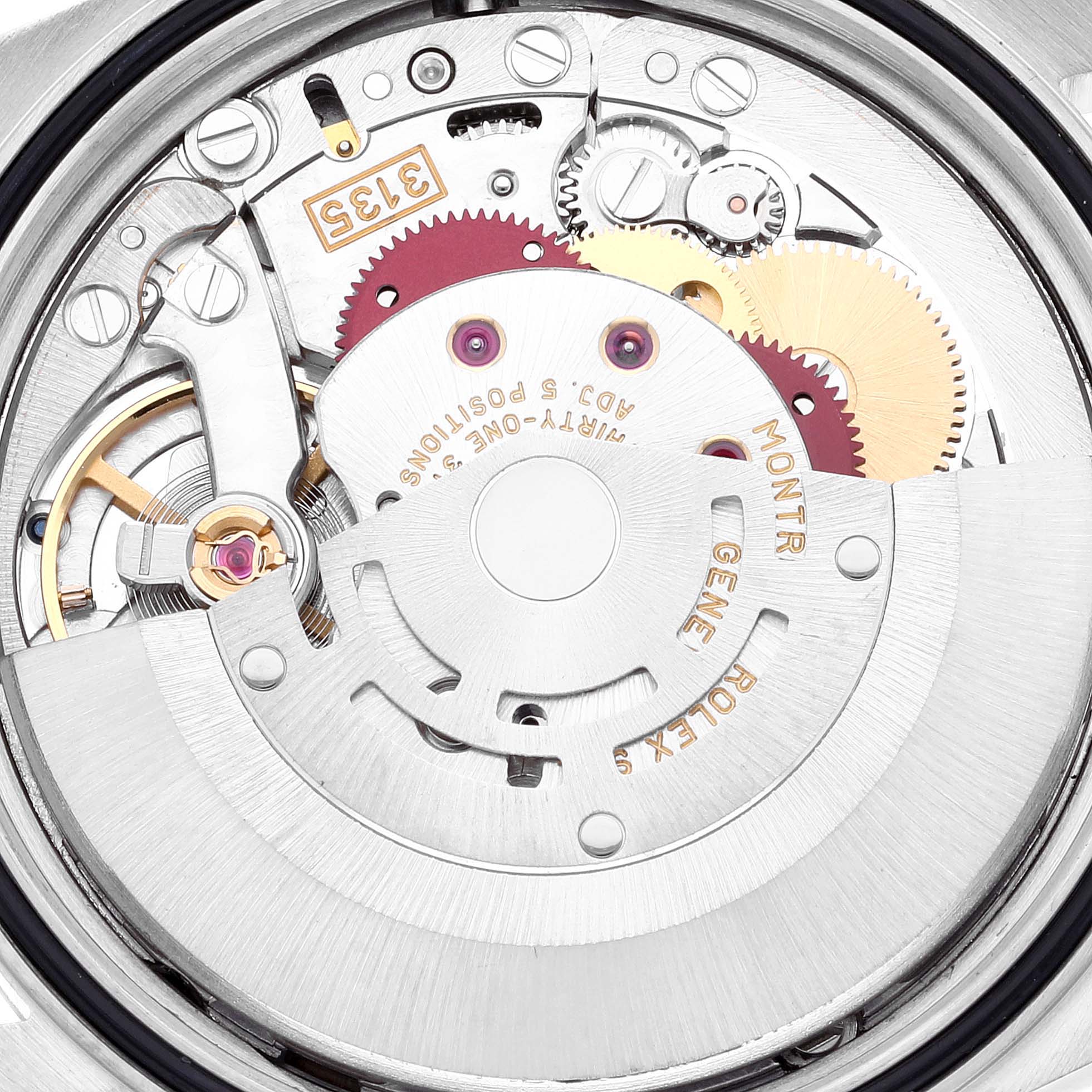 The image shows the internal mechanics of a Rolex Datejust 16234 Men's Stainless Steel Pink Dial 16234 Men's Stainless Steel Pink Dial watch, including gears and movement parts.