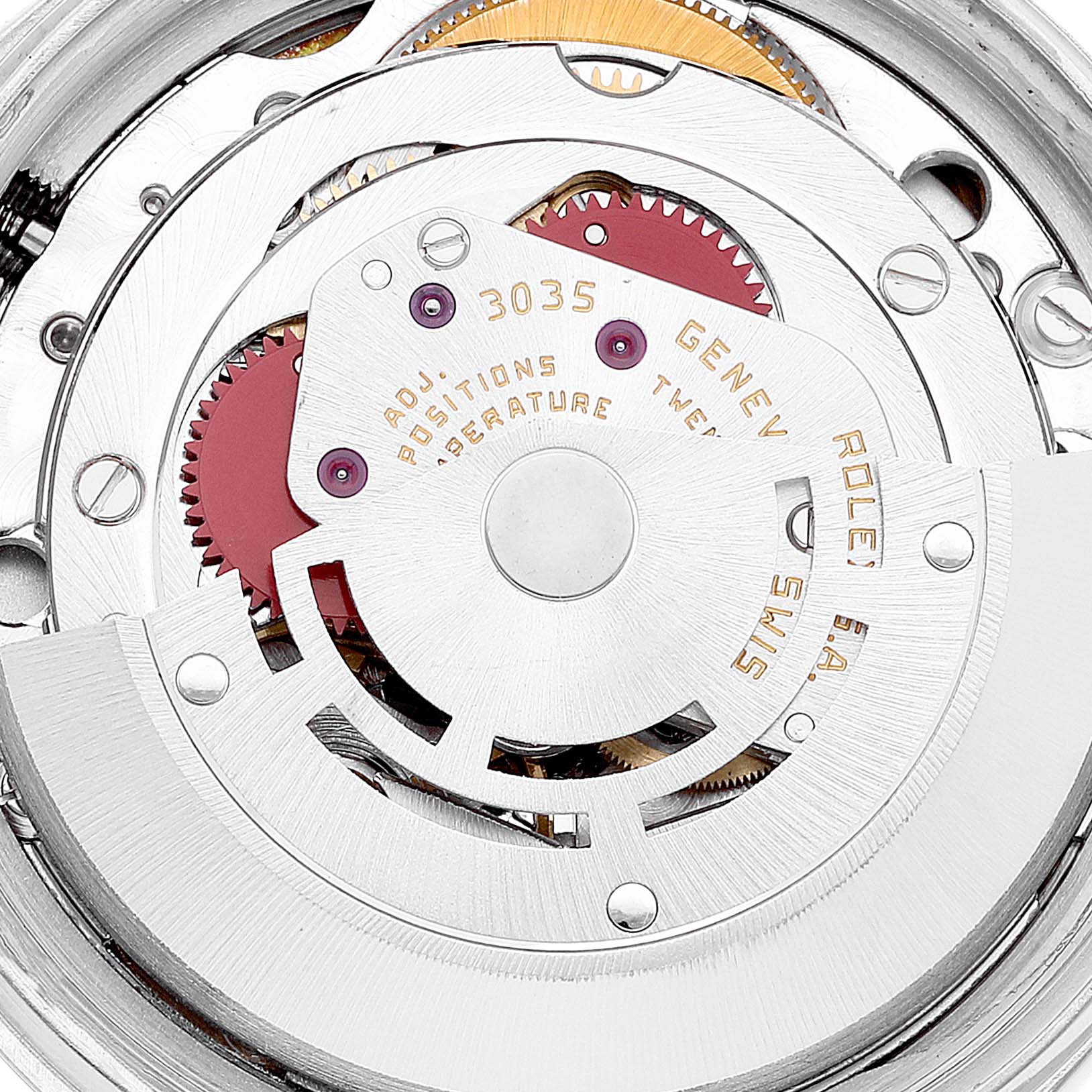 This image shows a close-up of the internal movement mechanism of the Rolex Vintage Collection 16014 Men's Stainless Steel Silver Dial 16014 Men's Stainless Steel Silver Dial model, highlighting its intricate details and gears.