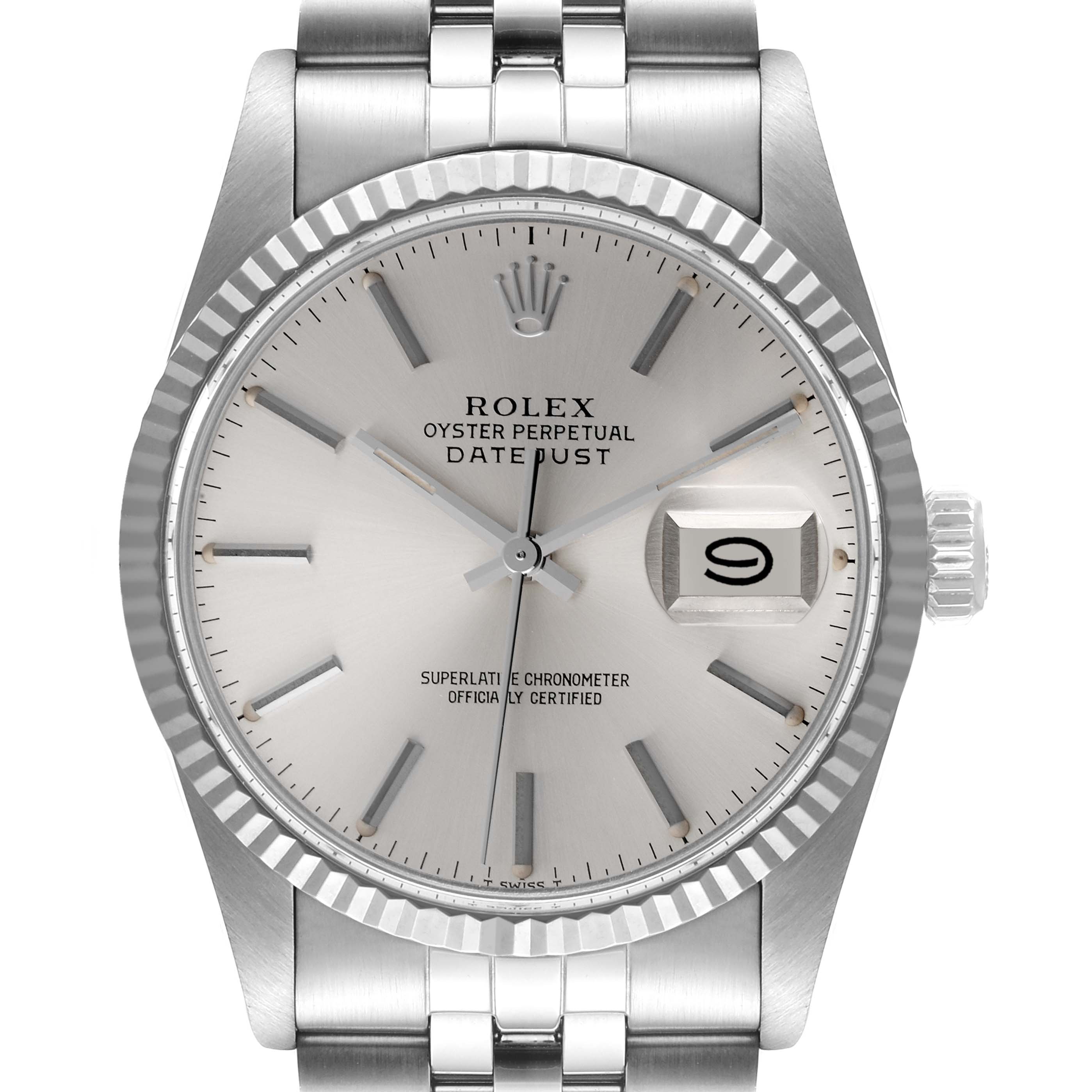 The image shows a front view of the Rolex Vintage Collection 16014 Men's Stainless Steel Silver Dial 16014 Men's Stainless Steel Silver Dial model's face, bezel, crown, and bracelet.