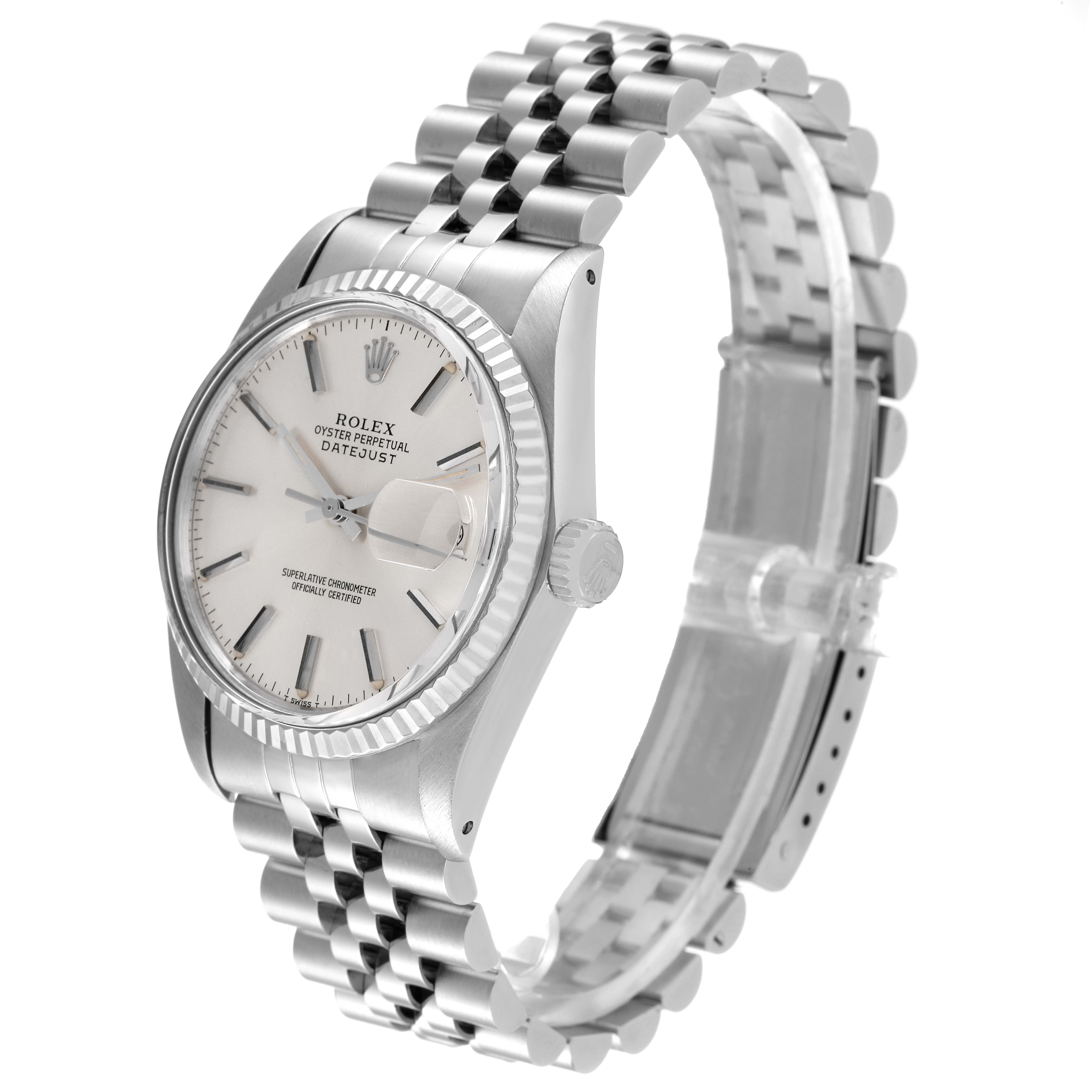 The Rolex Vintage Collection 16014 Men's Stainless Steel Silver Dial 16014 Men's Stainless Steel Silver Dial model is shown from a three-quarter angle, highlighting the face, crown, and bracelet.