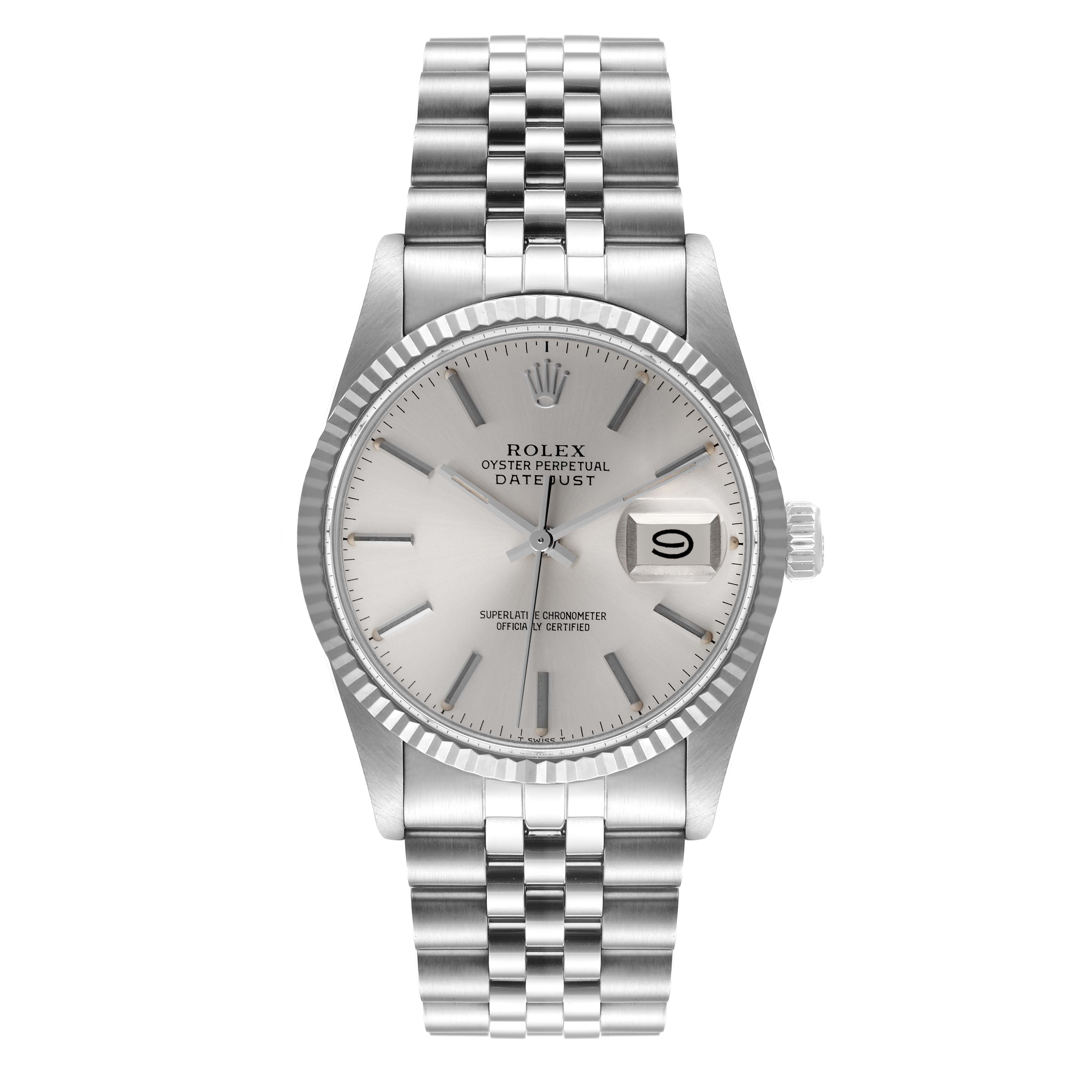 This image shows a front view of the Rolex Vintage Collection 16014 Men's Stainless Steel Silver Dial 16014 Men's Stainless Steel Silver Dial model watch, displaying its dial, bezel, and bracelet.