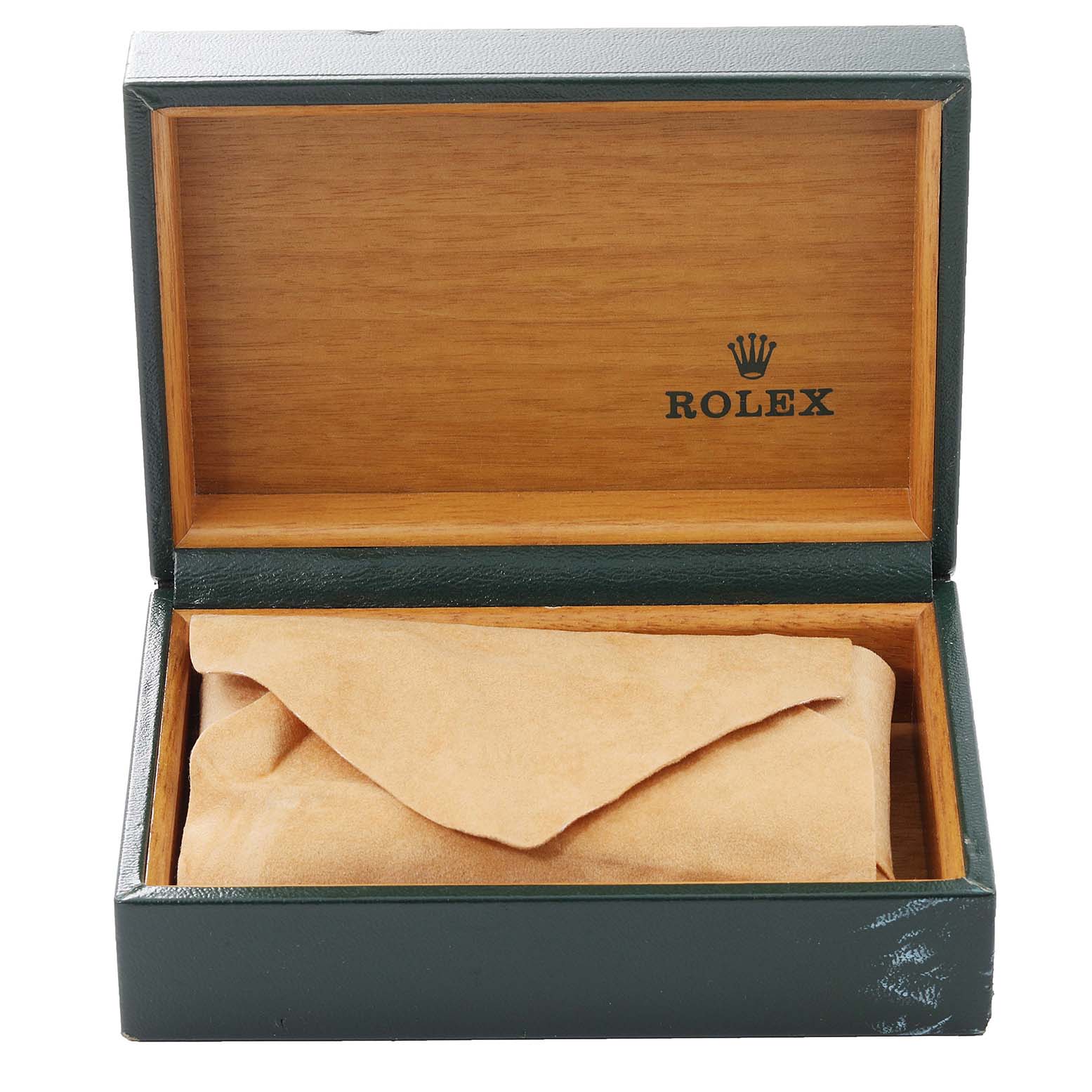 The image shows a Rolex Vintage Collection 16014 Men's Stainless Steel Silver Dial 16014 Men's Stainless Steel Silver Dial watch box with the watch wrapped in a cloth inside.