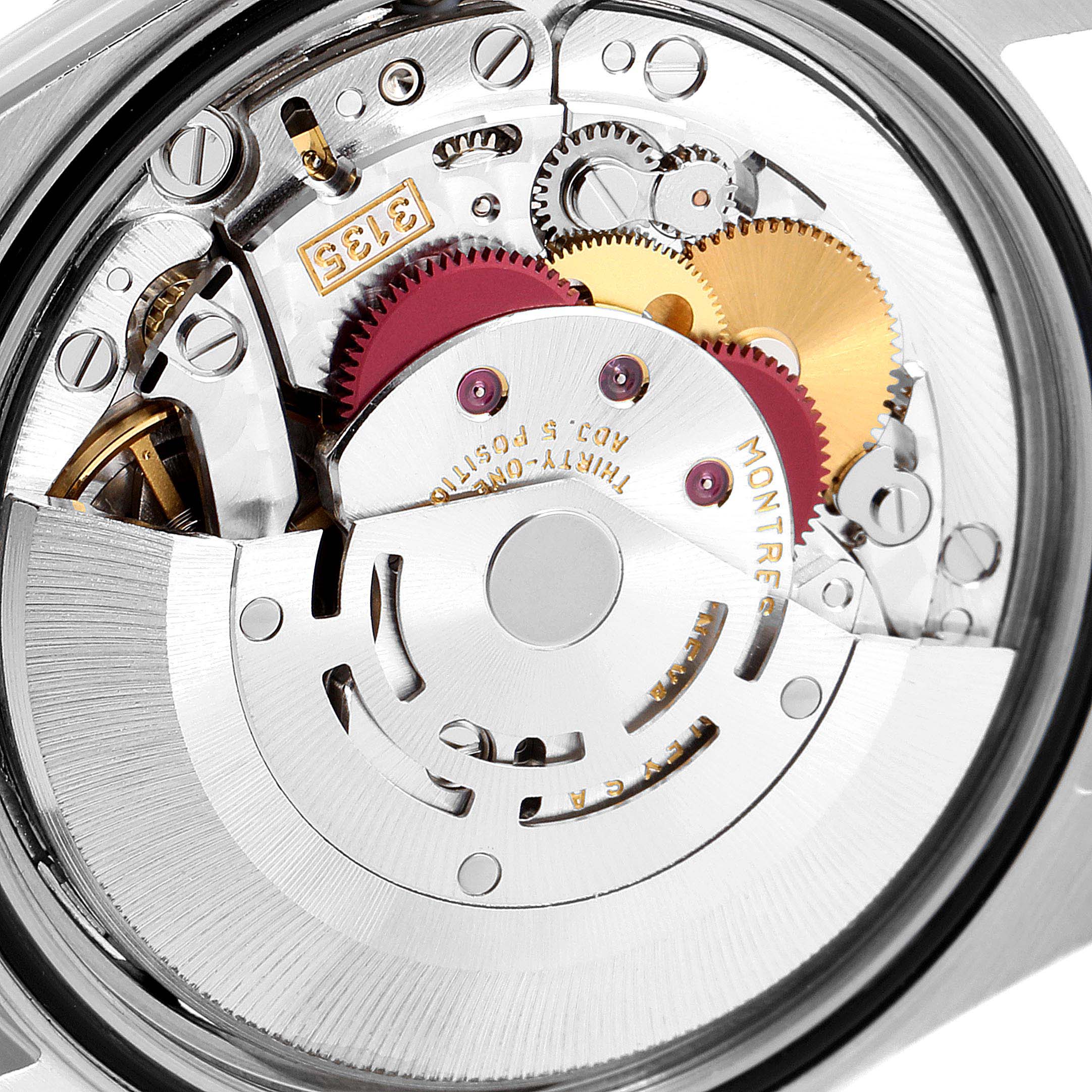 This is a close-up view of the movement mechanism inside a Rolex Datejust 16234 Men's Stainless Steel Silver Dial 16234 Men's Stainless Steel Silver Dial watch.