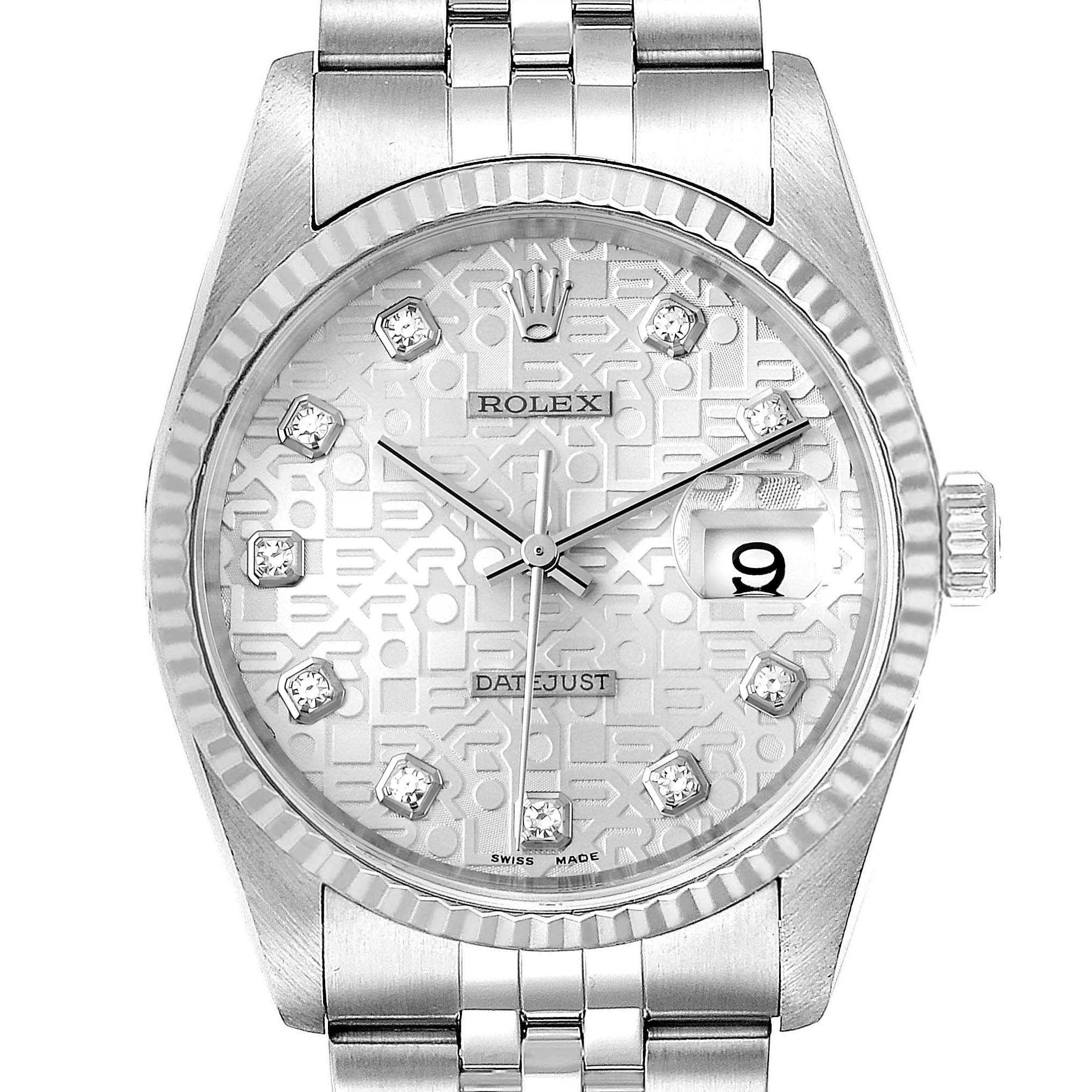 This image shows a front angle of a Rolex Datejust 16234 Men's Stainless Steel Silver Dial 16234 Men's Stainless Steel Silver Dial watch featuring its face, bezel, and part of the bracelet.