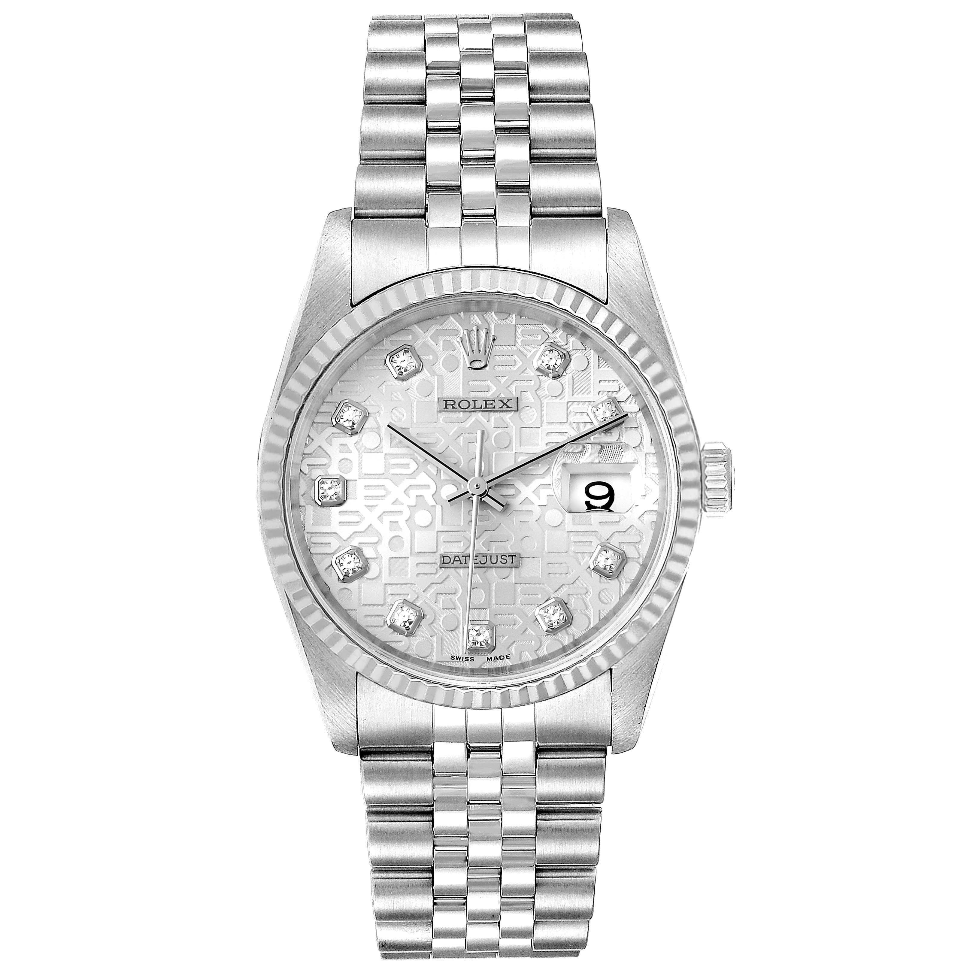 This image shows a front view of a Rolex Datejust 16234 Men's Stainless Steel Silver Dial 16234 Men's Stainless Steel Silver Dial watch, including its bracelet, dial, bezel, and crown.