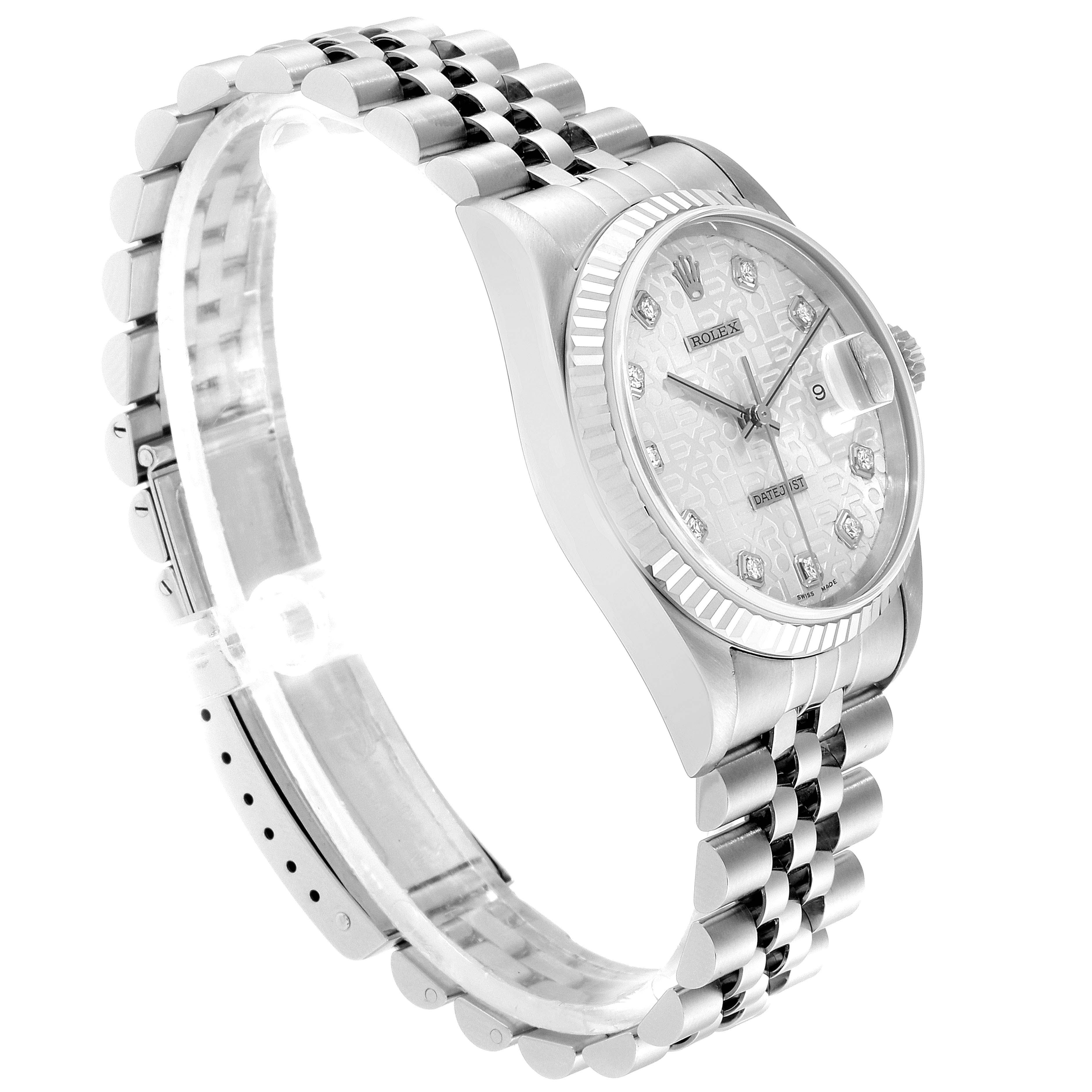 This image shows the side and partial front view of a Rolex Datejust 16234 Men's Stainless Steel Silver Dial 16234 Men's Stainless Steel Silver Dial watch, highlighting its bracelet, case, and face.