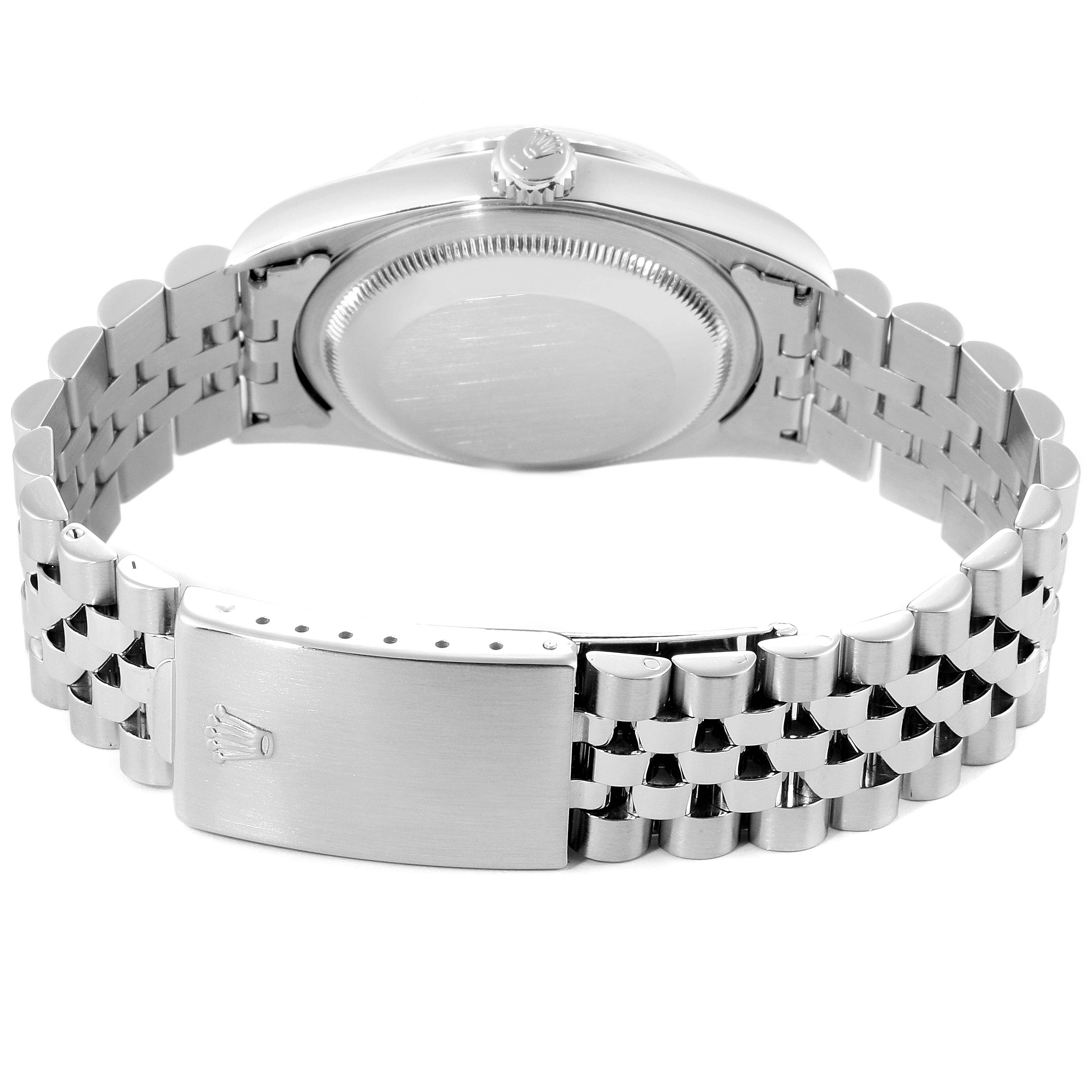 This image shows the back view of a Rolex Datejust 16234 Men's Stainless Steel Silver Dial 16234 Men's Stainless Steel Silver Dial watch, highlighting its bracelet and clasp.