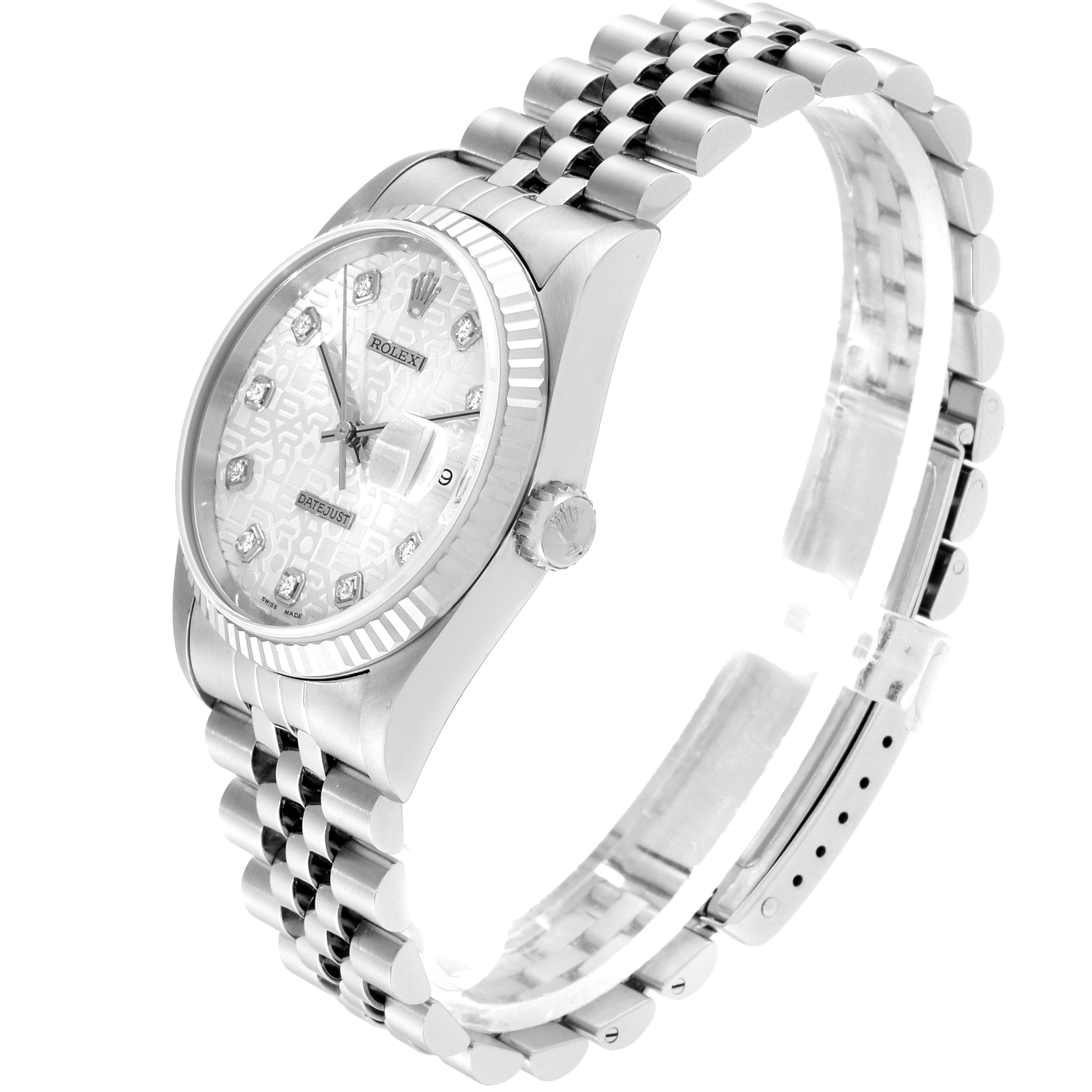 The image shows a Rolex Datejust 16234 Men's Stainless Steel Silver Dial 16234 Men's Stainless Steel Silver Dial watch from a slightly tilted side angle, highlighting its dial, bezel, crown, and bracelet.