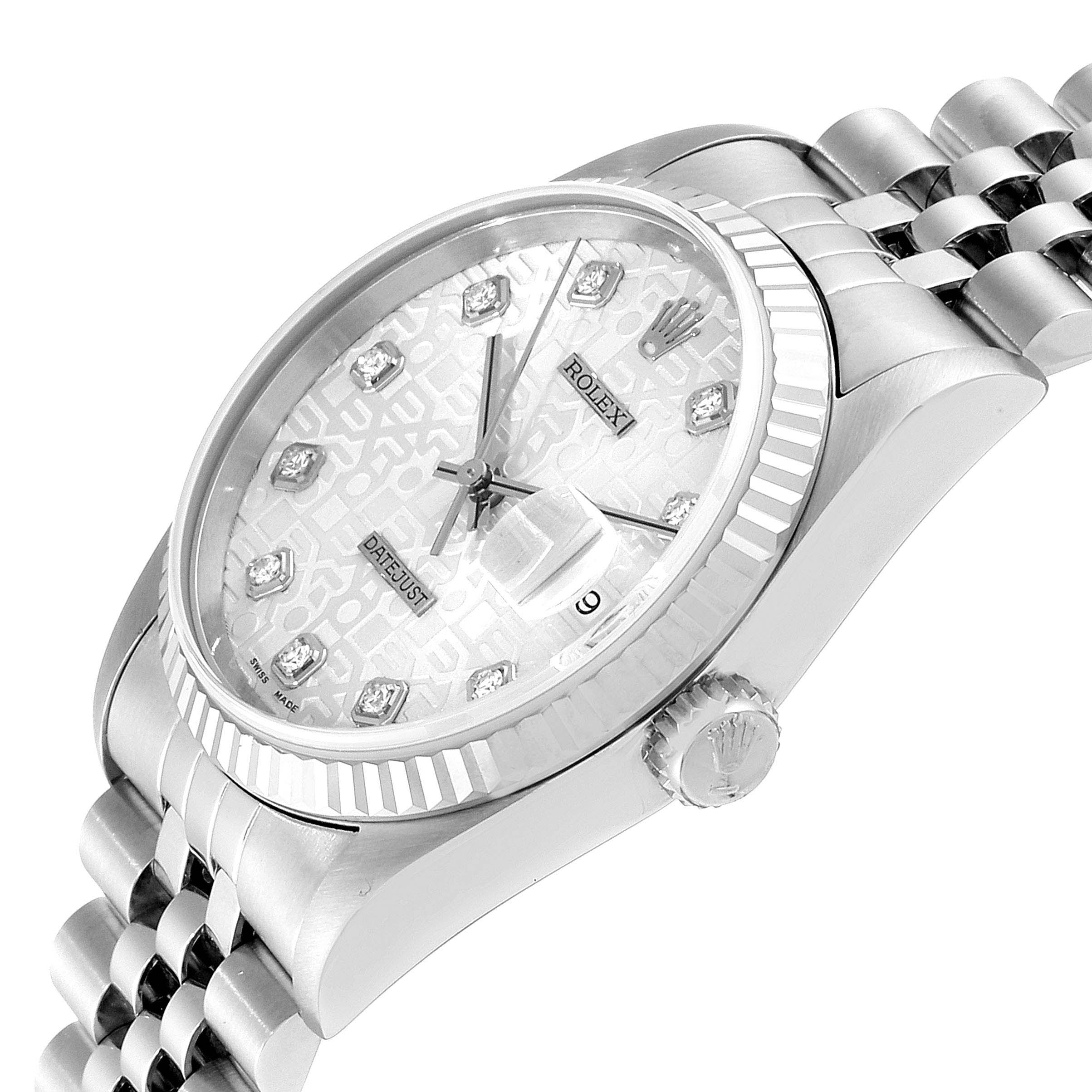 The image shows the face, bezel, and part of the bracelet of a Rolex Datejust 16234 Men's Stainless Steel Silver Dial 16234 Men's Stainless Steel Silver Dial watch from a 3 o'clock angle.