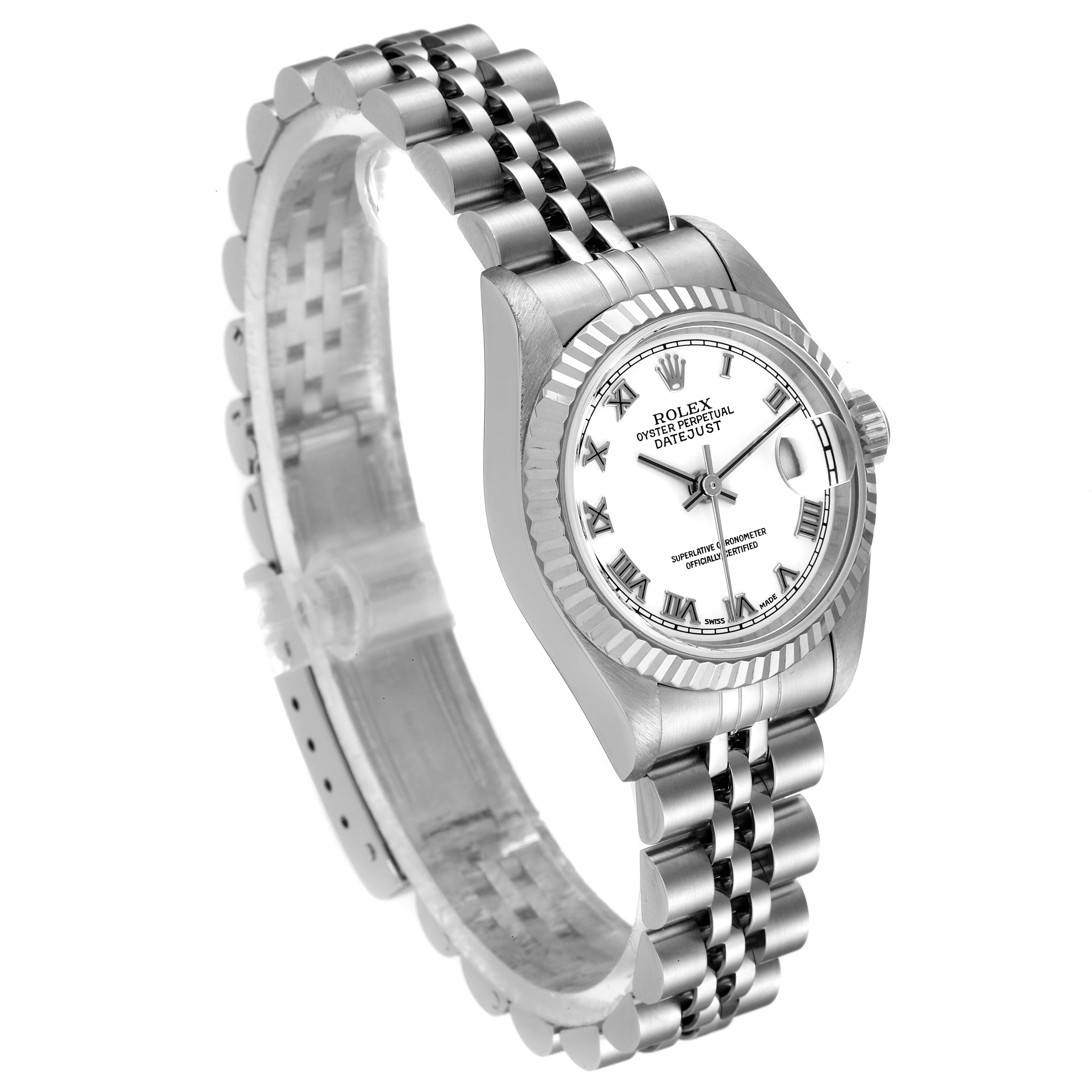 The image shows a Rolex Datejust 79174 Women
s Stainless Steel White Dial 79174 Women
s Stainless Steel White Dial watch from an angled view, highlighting its dial, bezel, and bracelet.