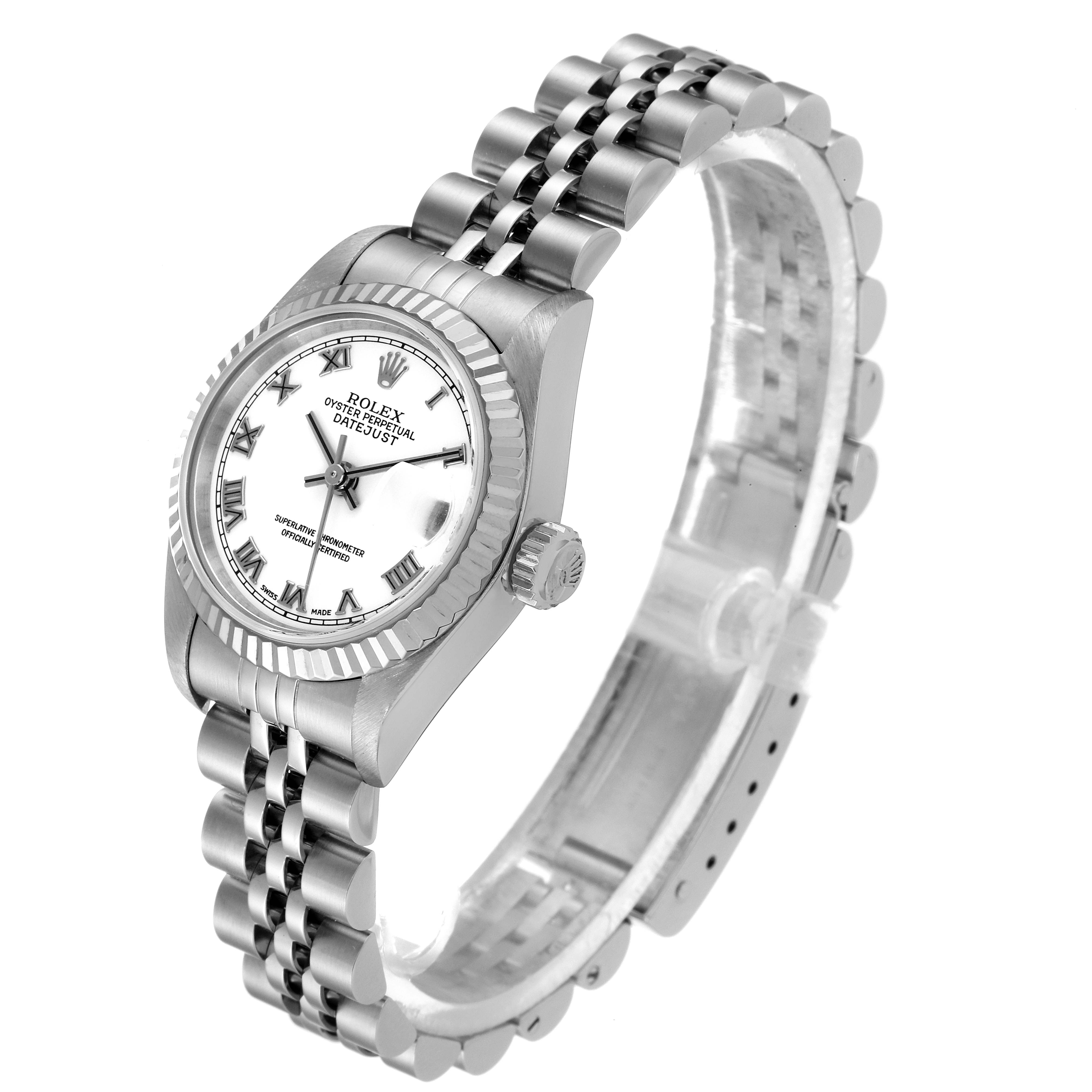 This image shows a Rolex Datejust 79174 Women
s Stainless Steel White Dial 79174 Women
s Stainless Steel White Dial watch from an angled side view, highlighting the dial, bezel, and bracelet.