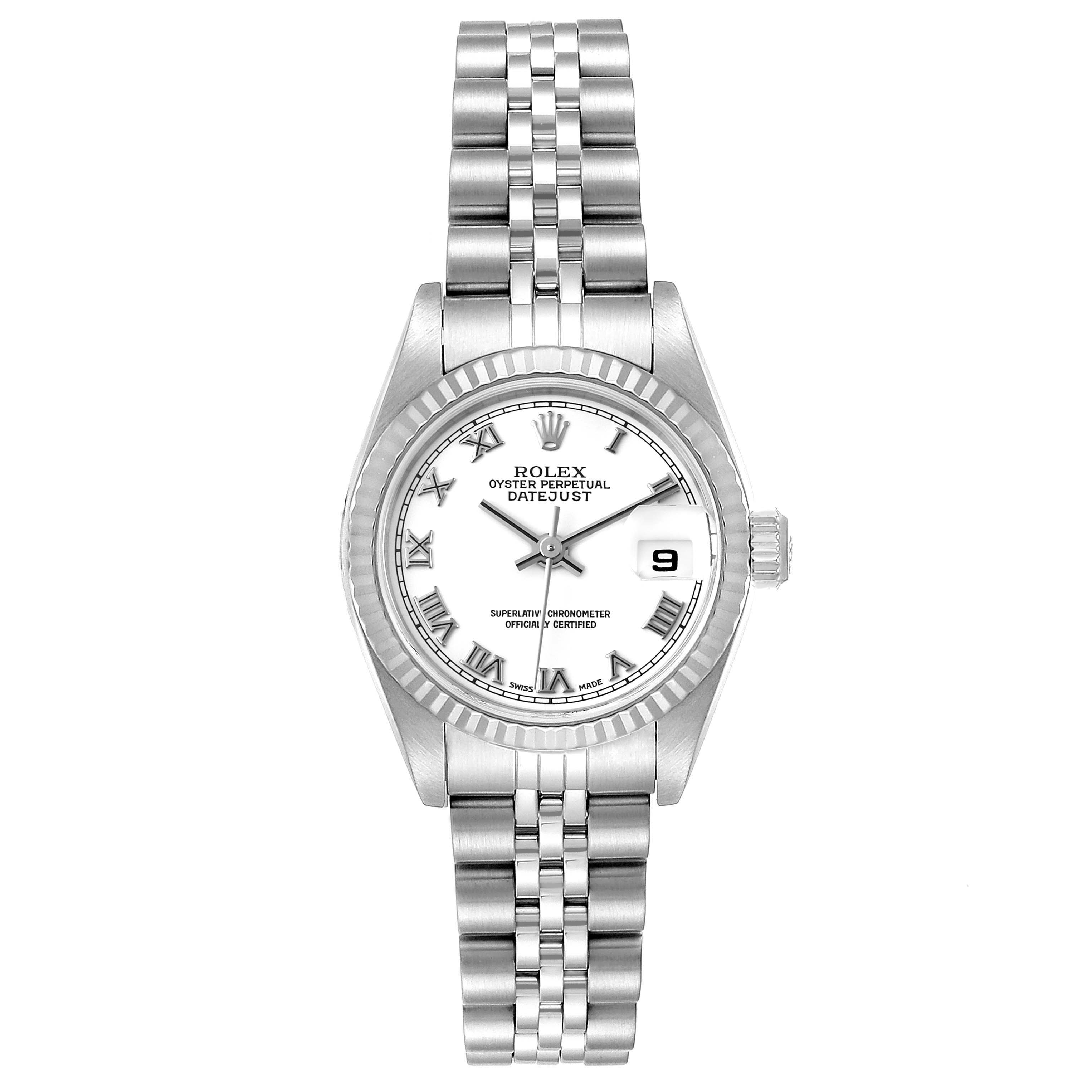The image shows a front view of the Rolex Datejust 79174 Women
s Stainless Steel White Dial 79174 Women
s Stainless Steel White Dial watch, displaying its dial, bracelet, and date window.