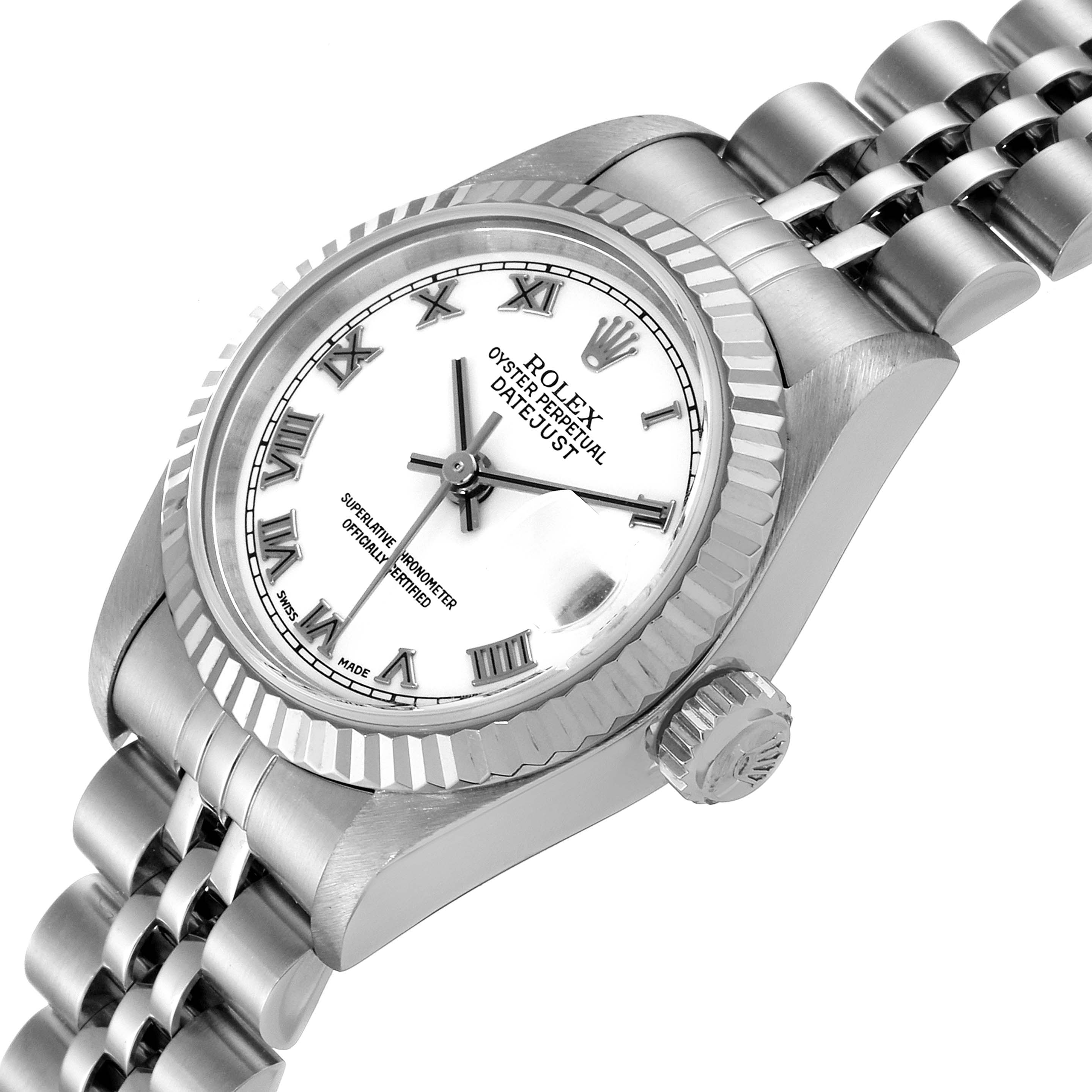 This image shows a Rolex Datejust 79174 Women
s Stainless Steel White Dial 79174 Women
s Stainless Steel White Dial watch at an angled close-up, highlighting the dial, bezel, and part of the bracelet.
